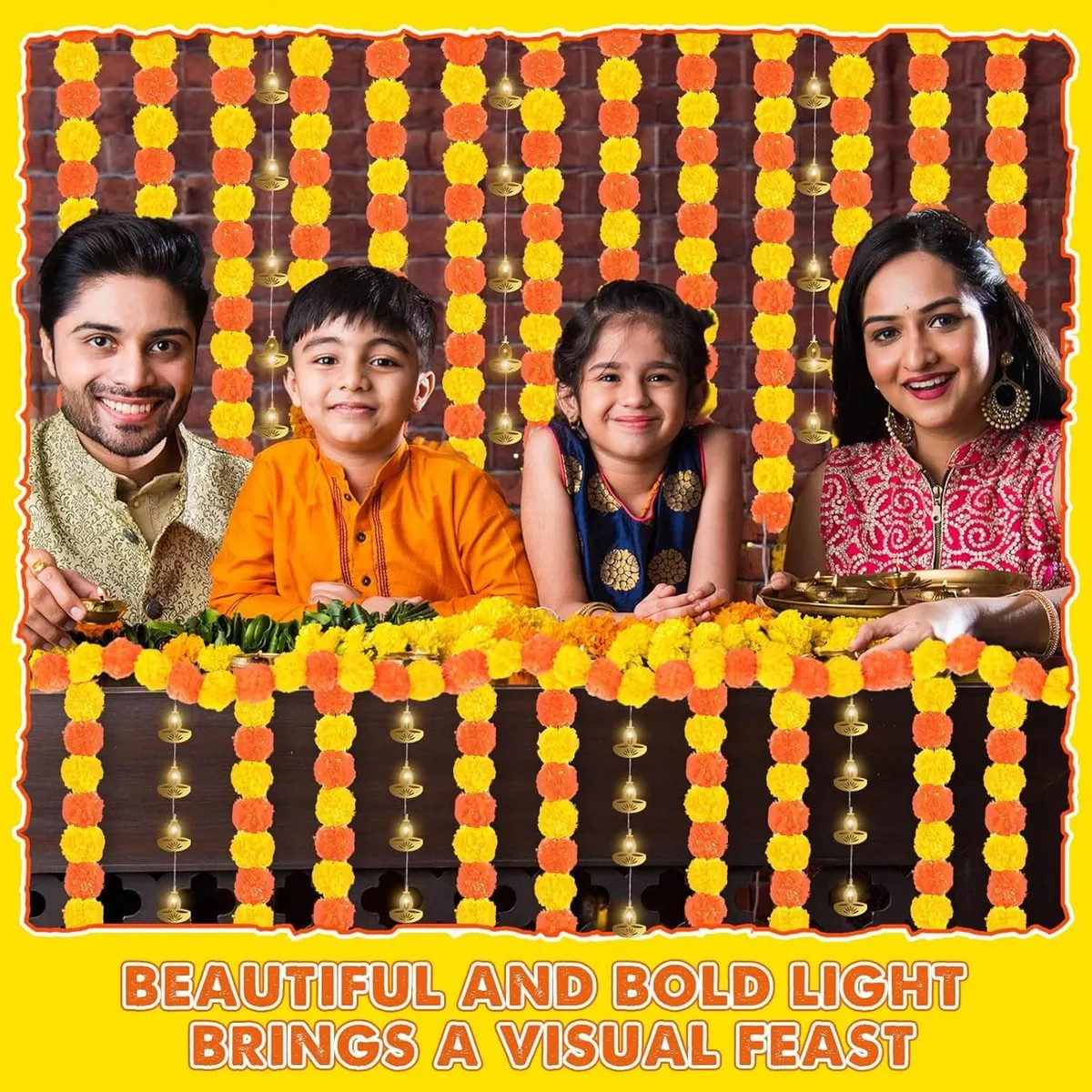 10 Pcs Diwali Decoration Set 5ft Artificial Marigold Garland 6.56ft String Light