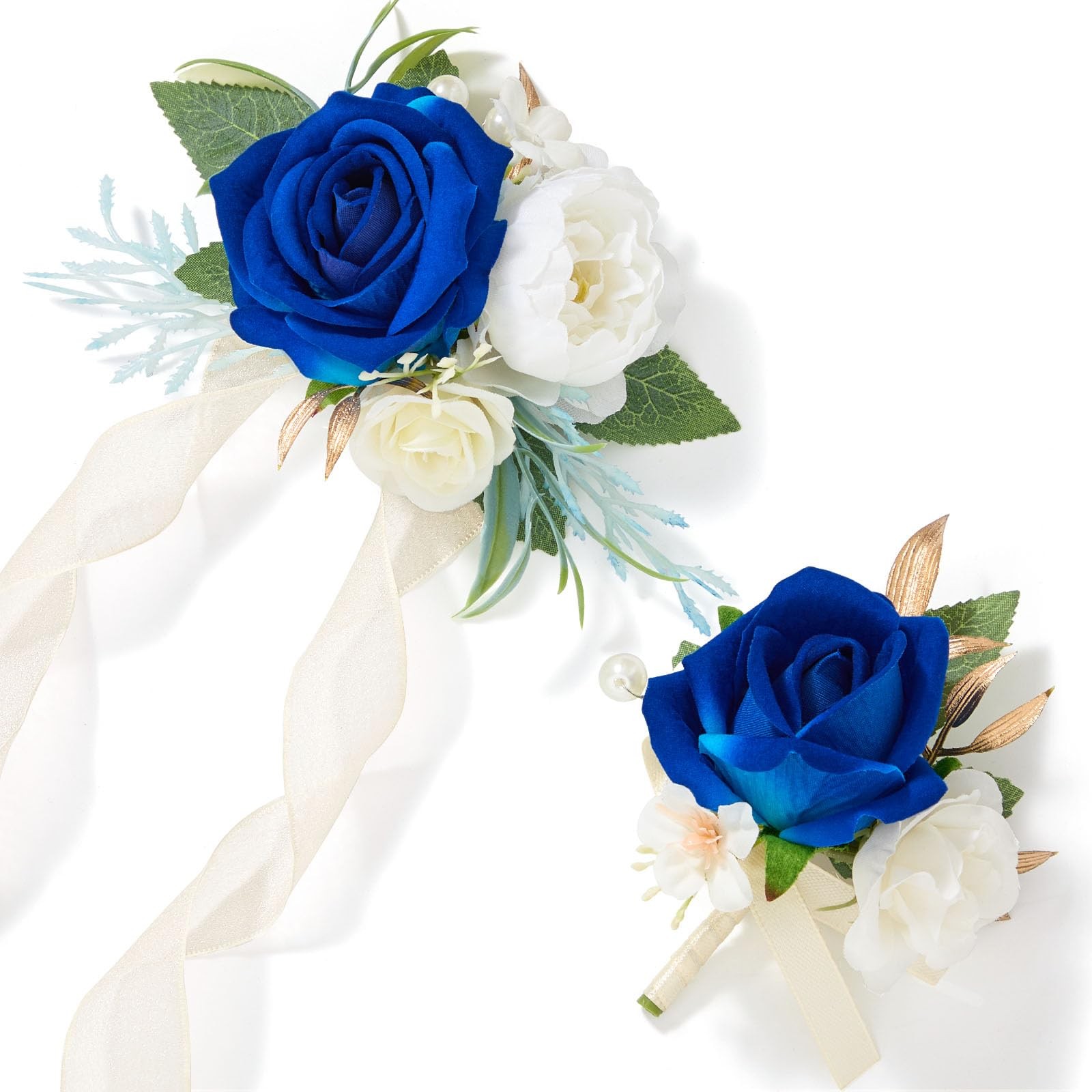 Navy Blue Corsage Boutonniere Set Rose Wristlet Wedding Prom Suit Decor