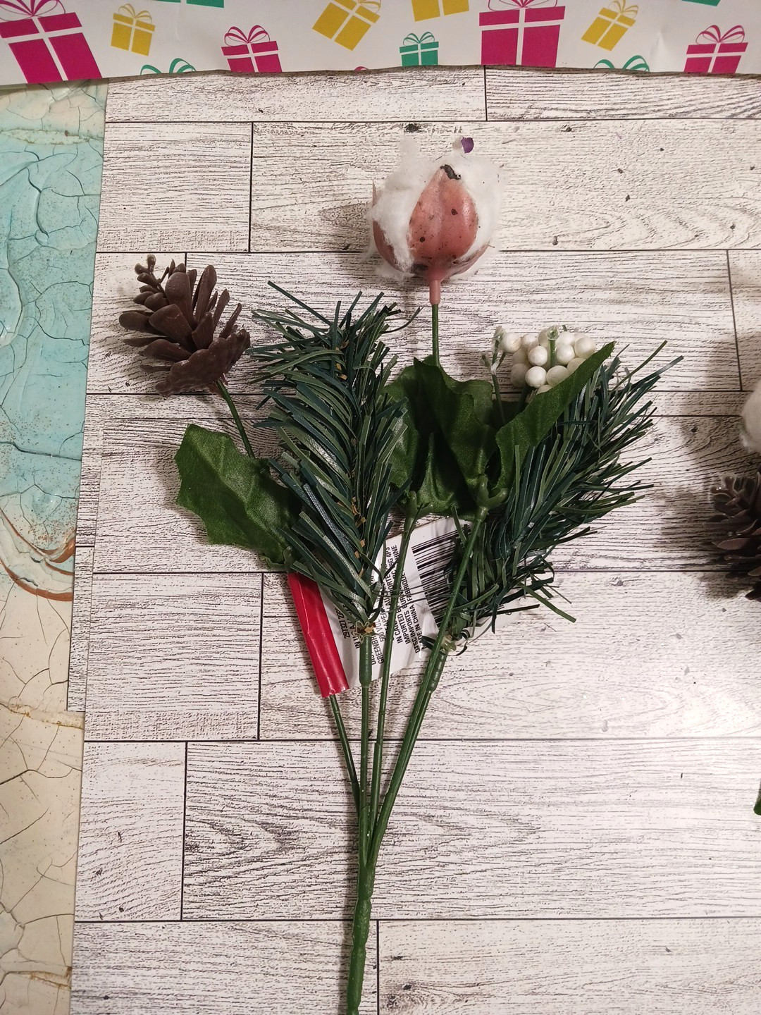Flowers autumn fall winter cotton pine cone holly berry bouquet lot of 6