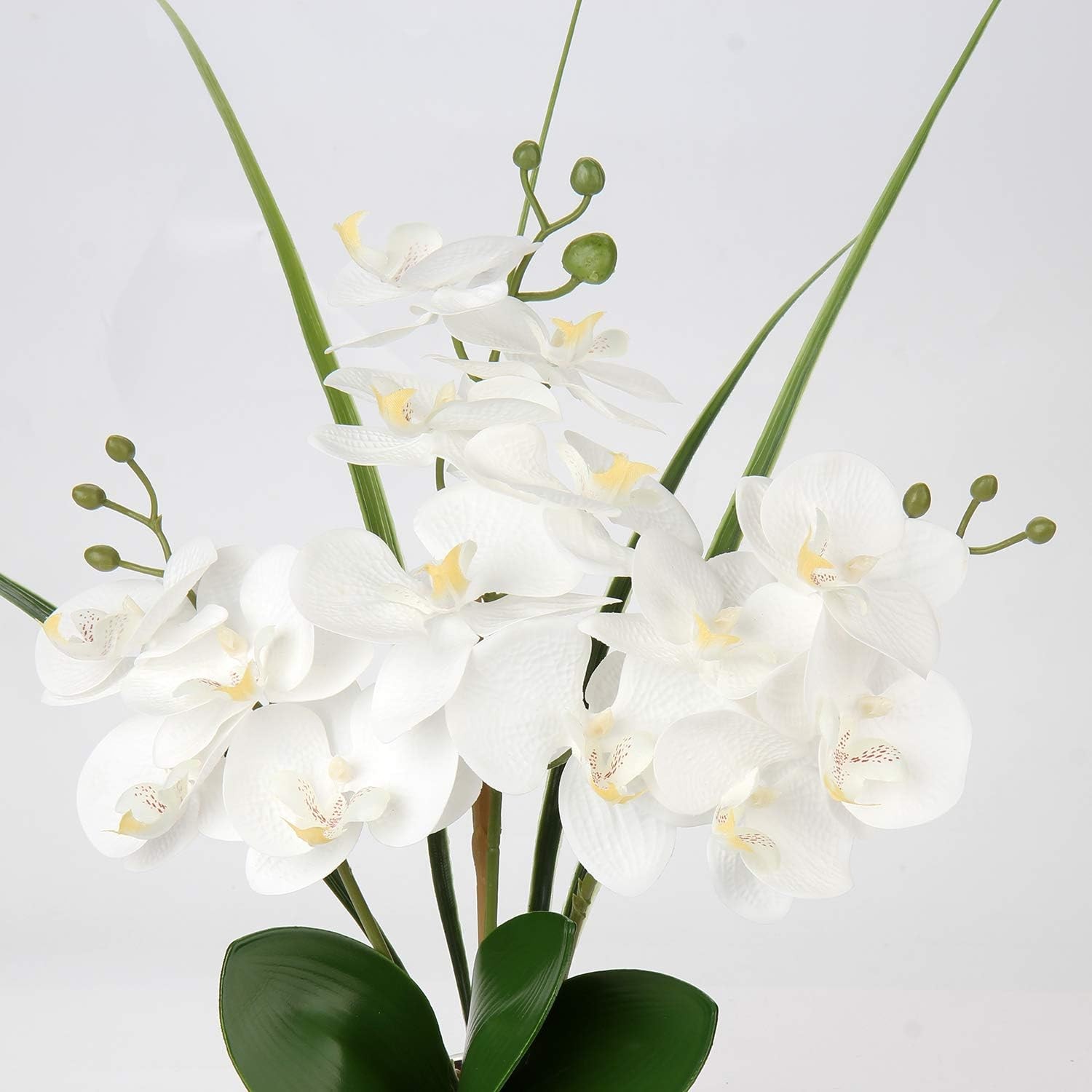 White Phalaenopsis Orchid Artificial Flowers 20.8″ Faux Plant in Silver Pot