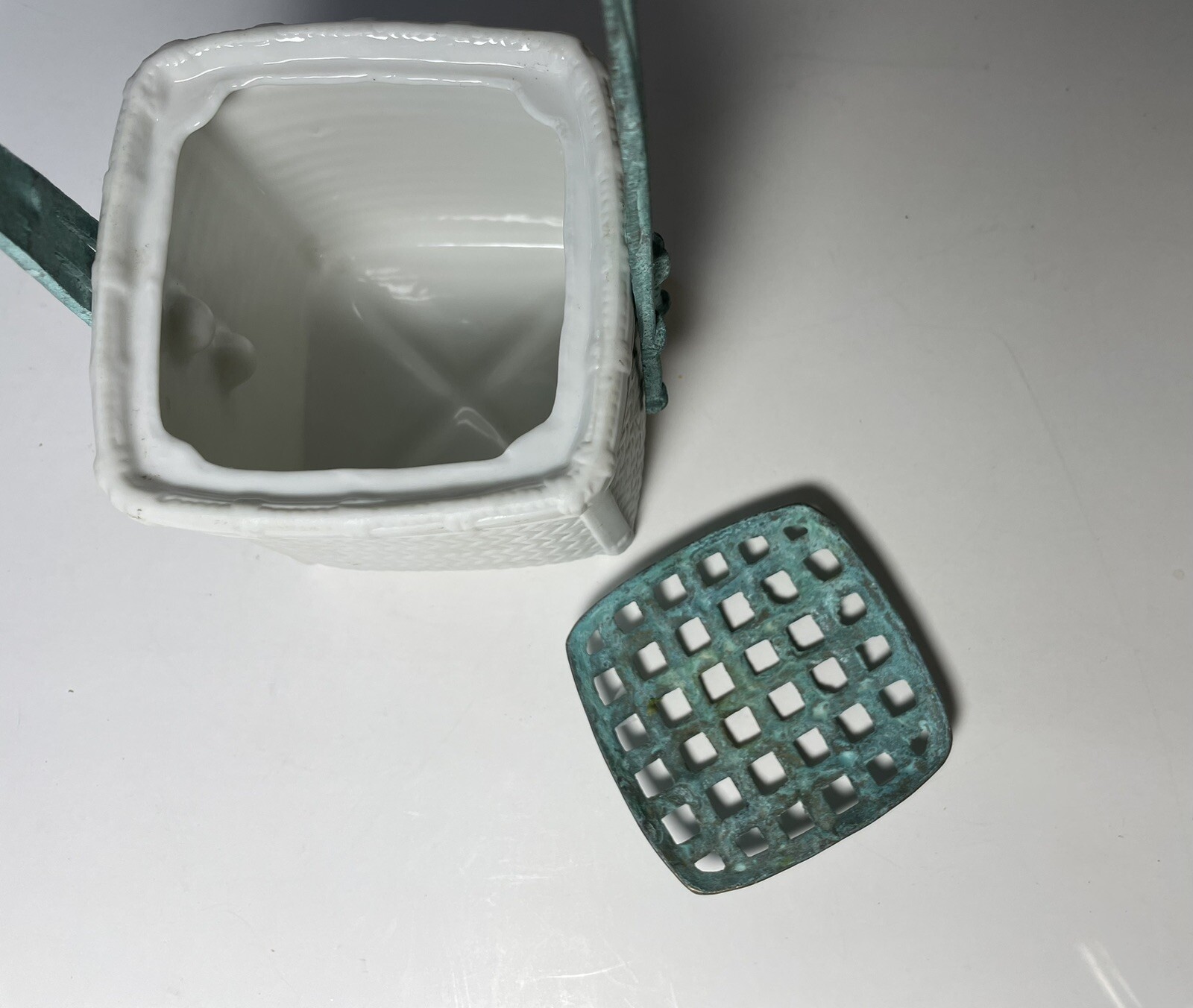 Department 56 Flower Arranger Basket Ceramic with Metal Handle Verdigris 11.5”