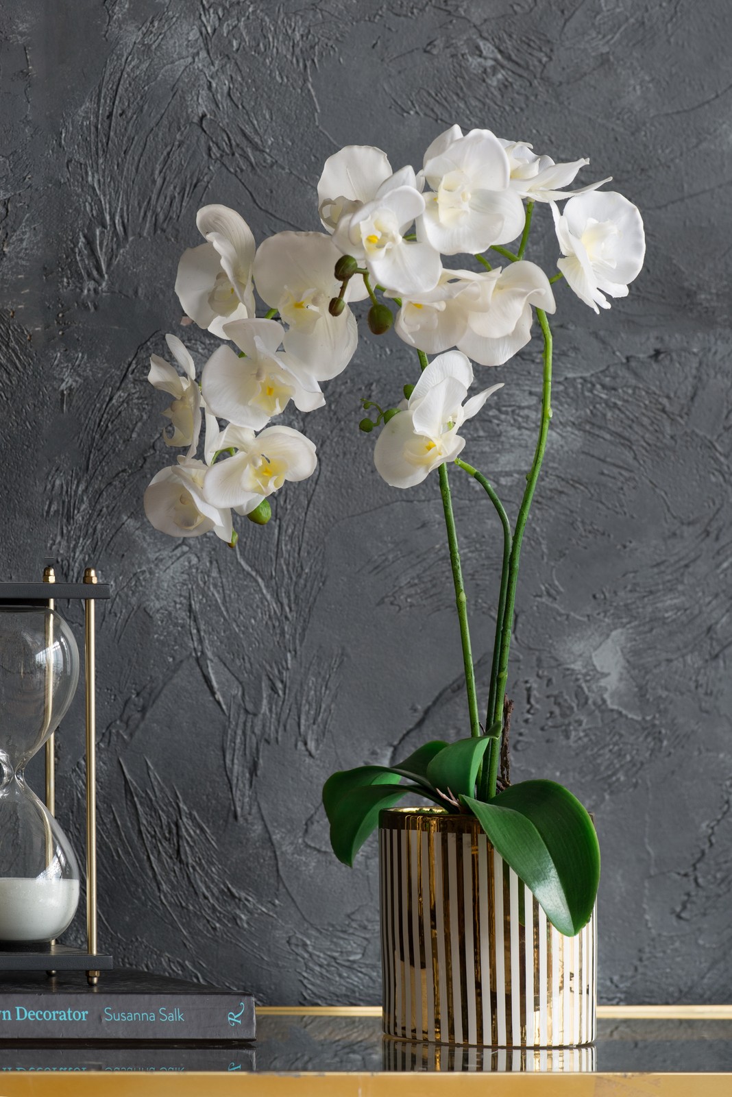 Artificial White Orchid Plant in Gold Striped Pot 20.5″H