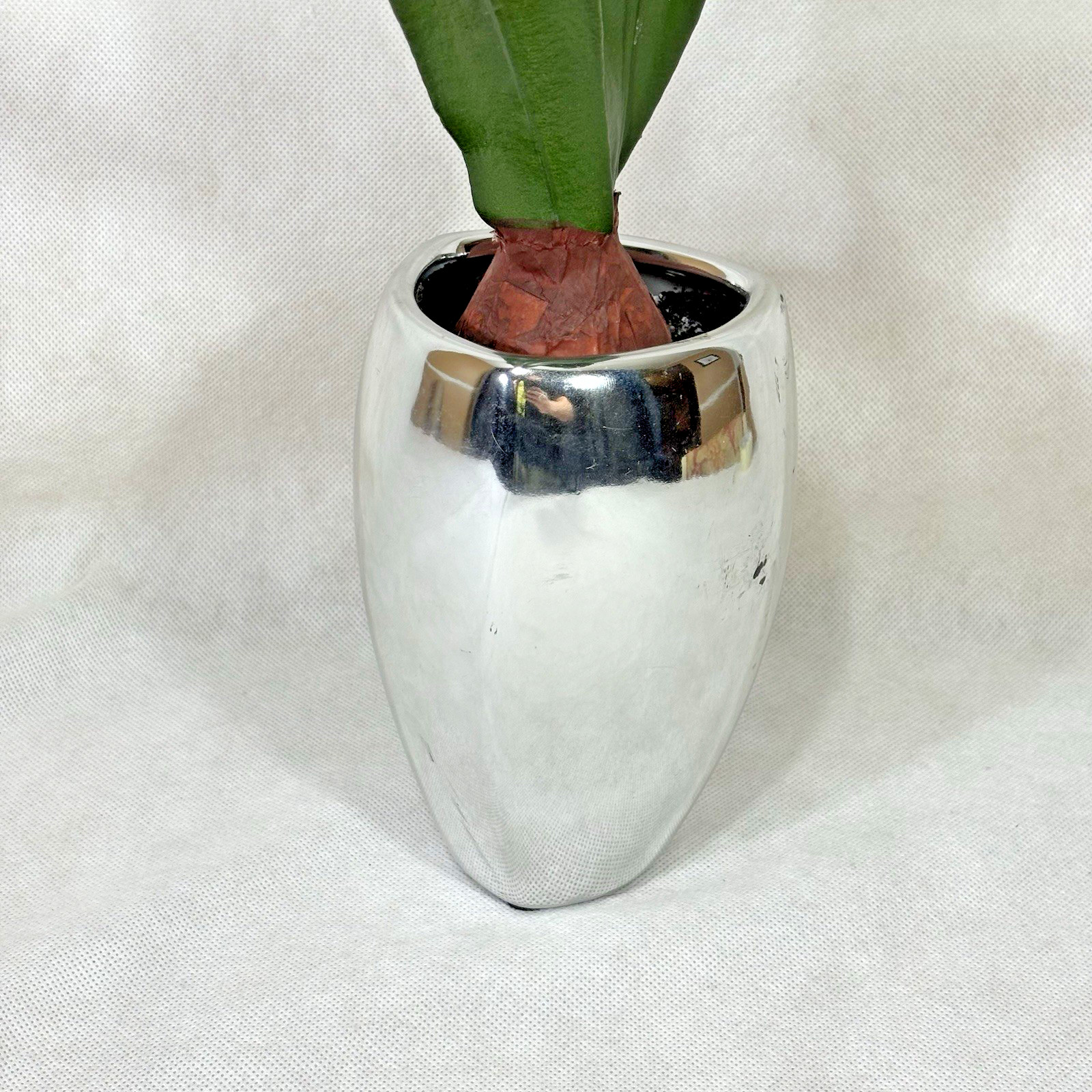 Metallic Chrome Ceramic 7″ Planter Vase w/ Faux Flower Display Floral