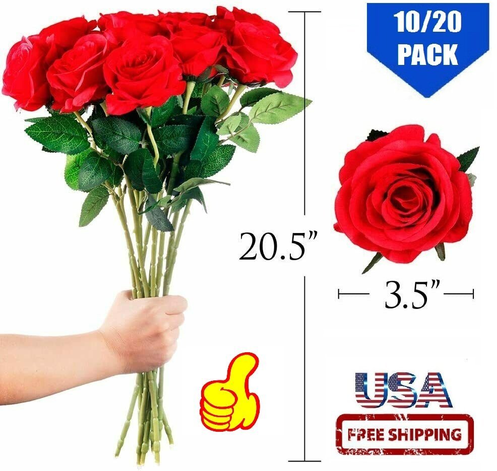 20pcs Artificial Rose Flower Red Silk Roses with Stem Flowers Bouquet Wedding US