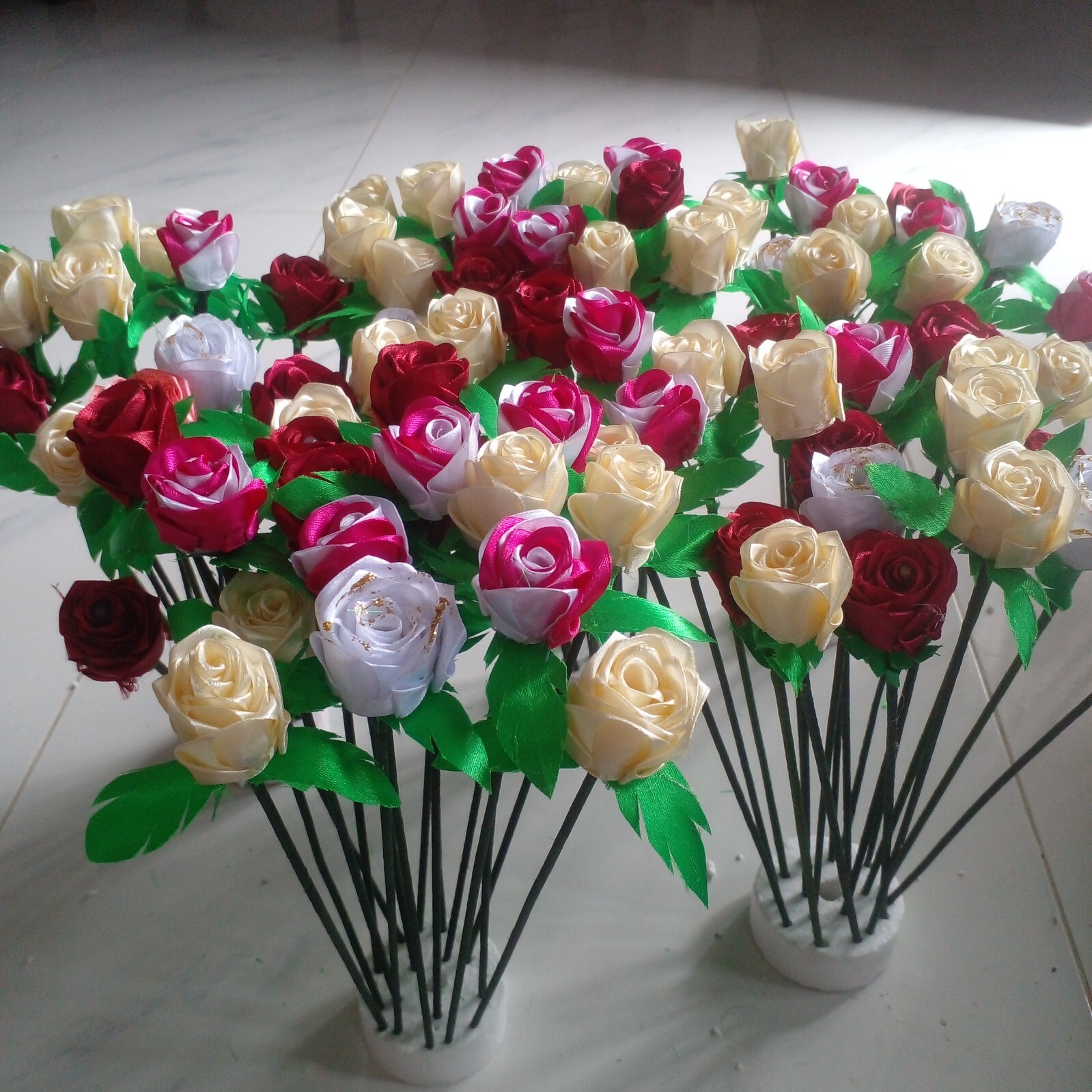 RIBBON ROSE FLOWERS Satin Lot Multicolour DIY Craft Handmade Artificial 5pcs Sti