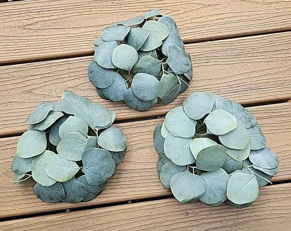 Lot Of 3 Candle Wreaths Artifical Eucalyptus Leaves Green 3″ Base 8″ Width Set