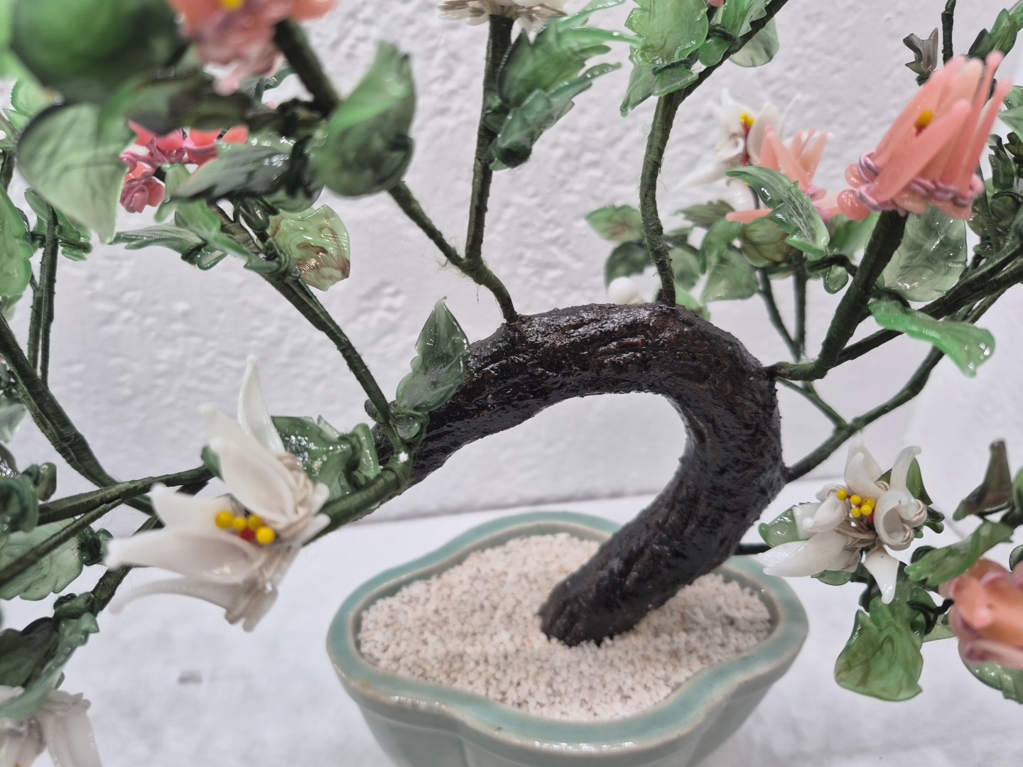 Vintage Chinese Glass Stone Jade Cherry Blossom Bonsai Tree Pink & White Flowers