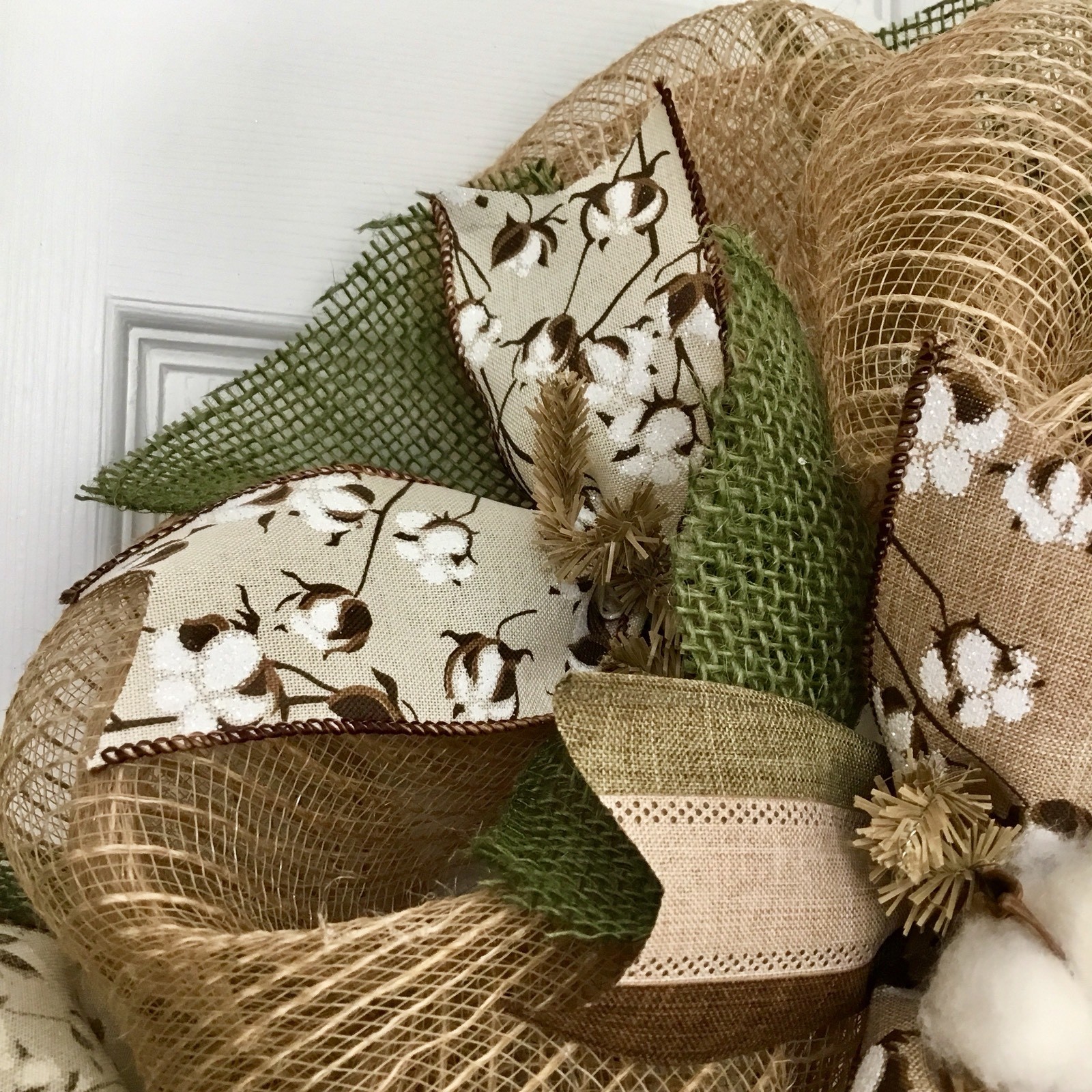 Southern Charm Cotton Blossom Burlap Deco Mesh Handmade Wreath