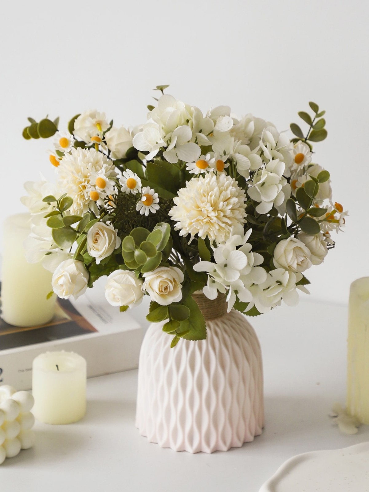 2pcs White Lifelike Artificial Flower Bouquet With Roses Hydrangea And Daisies