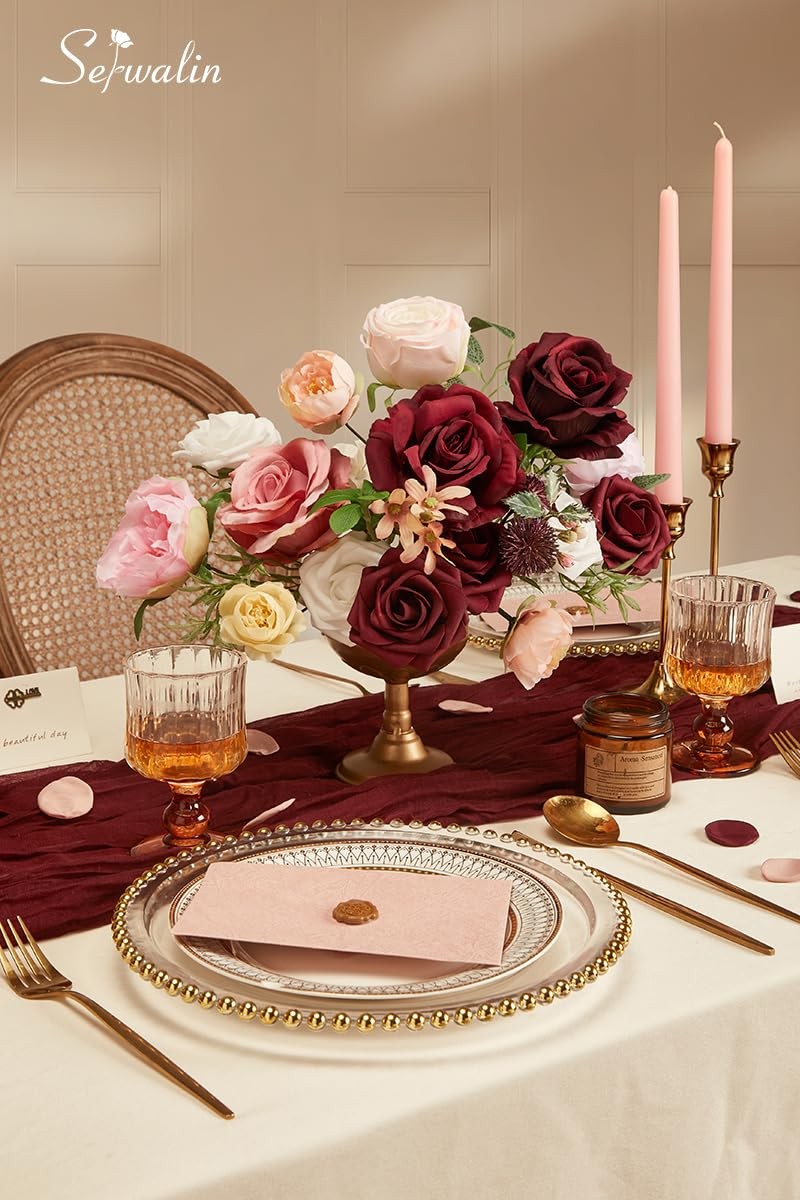 Artificial Flower Burgundy Pink Roses Silk Fake For DIY Wedding Bouquet New