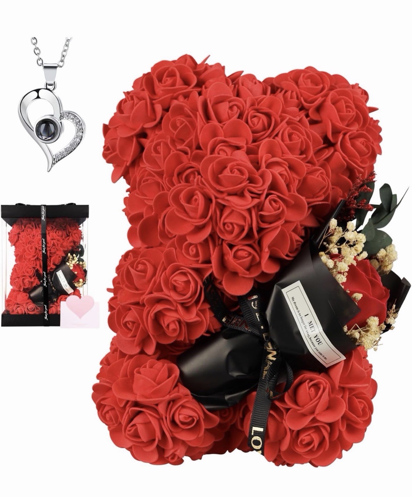 K KYMAKE Rose Bear Gift Set w/ Bouquet 100 Languages I Love You Necklace