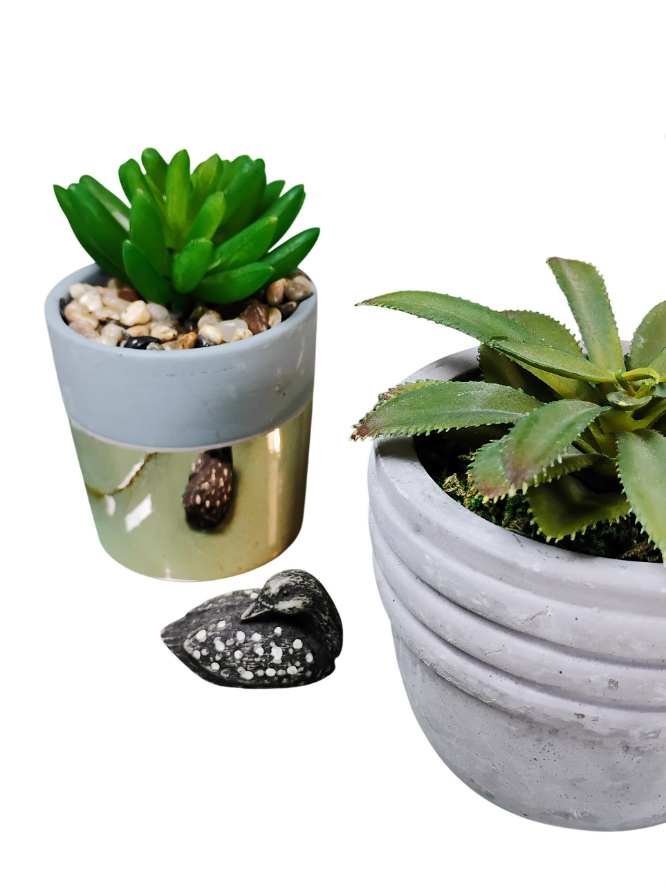 Set of 3 Faux Succulent Artificial Plants Concrete Copper Modern Home Decor Mint