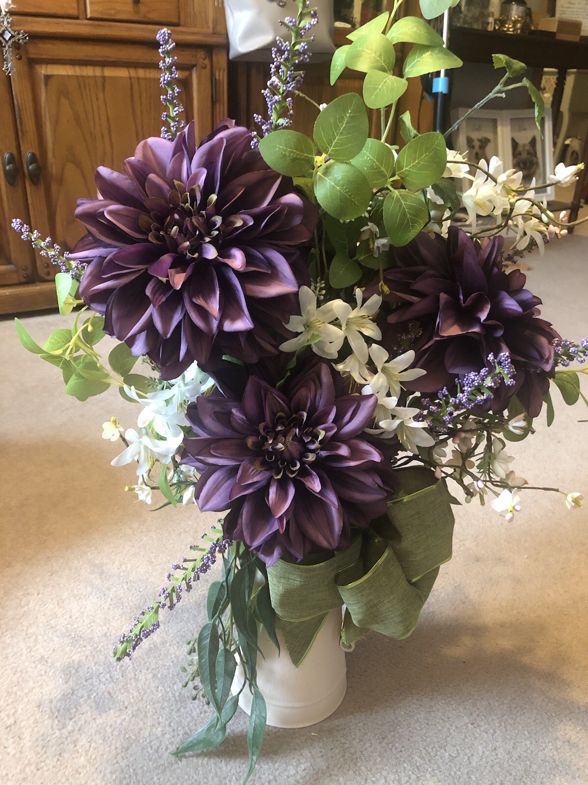 Floral Centerpiece/Side Table Decor, 26” Tall By 18” W Maroon Purple,Grn, White