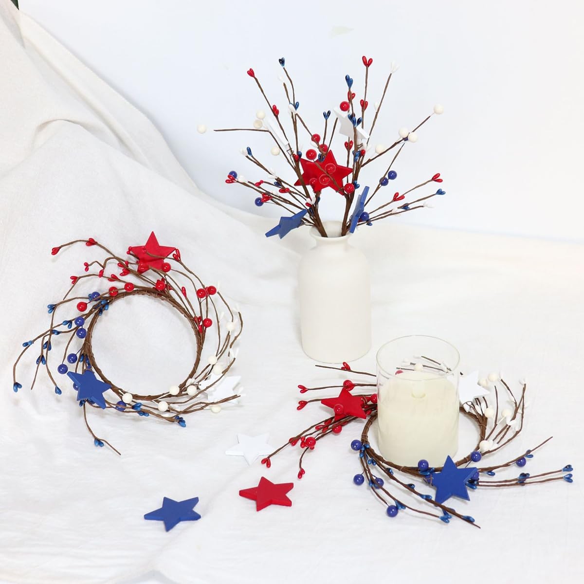4Pcs Red White Blue Star Pip Berry Candle Ring Wreath 4 Inch Center Patriotic
