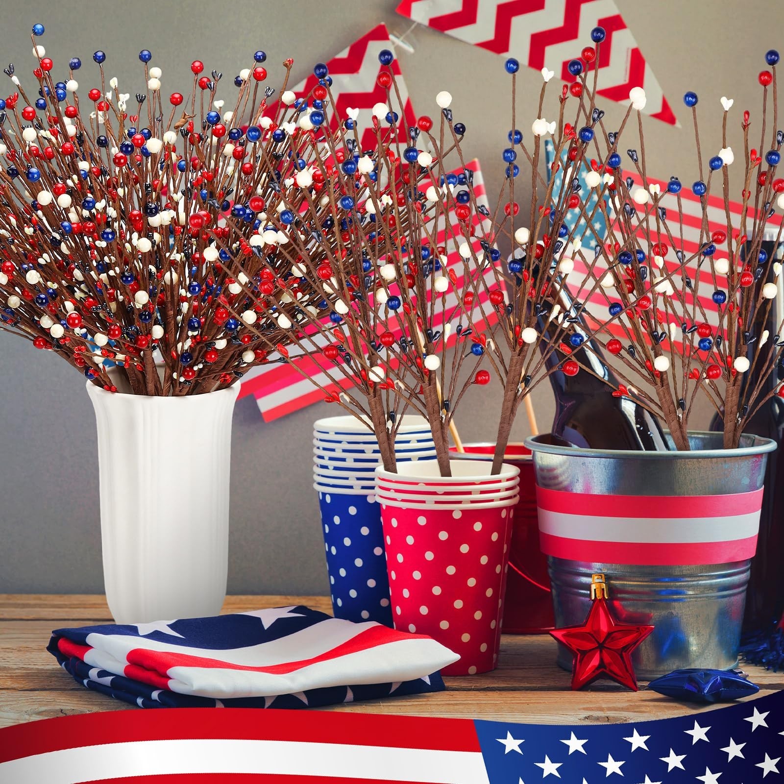 20 Pcs Patriotic Berry Stem Picks – Red White Blue Floral Decor for 4th of July