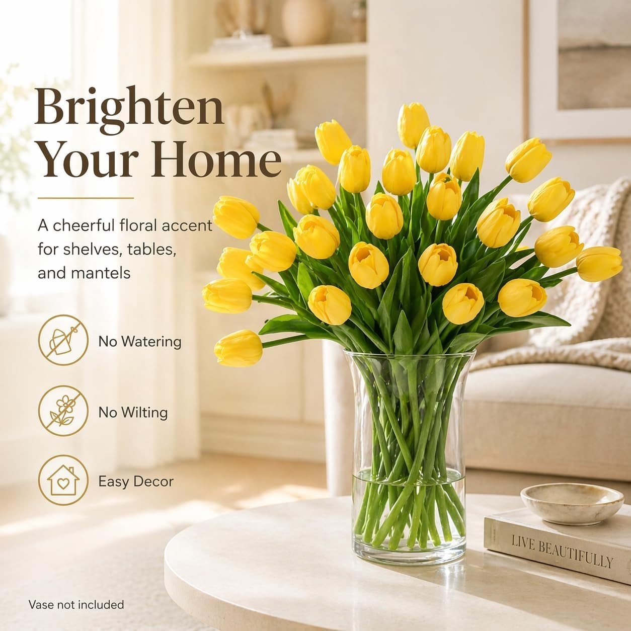 Yellow Artificial Tulip Flowers – 13.7″ 30PCS Real Touch Fake PU Tulips Bouqu…