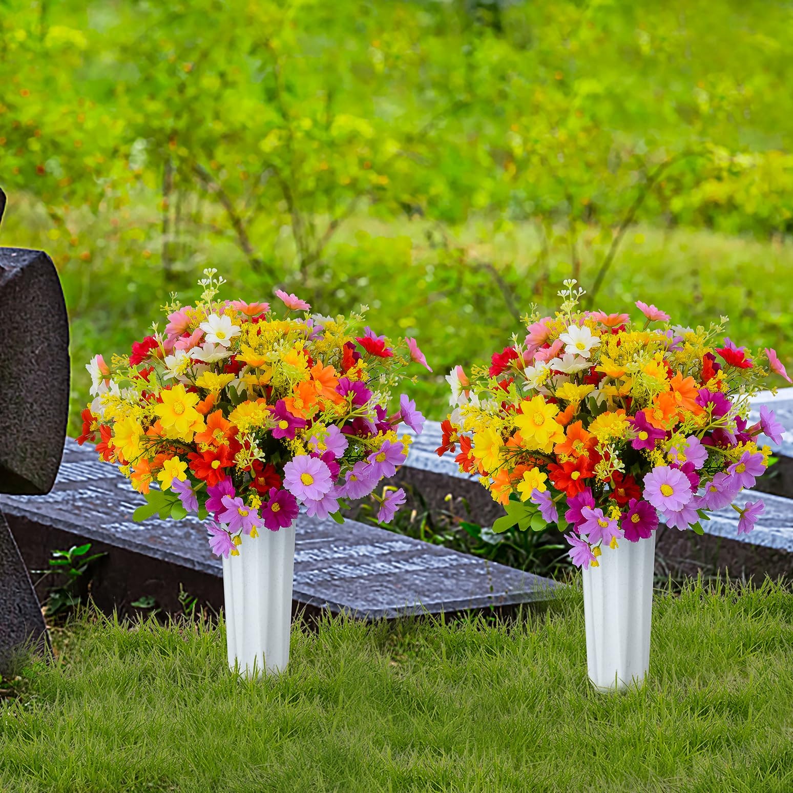 XONOR Artificial Cemetery Flowers Memorial Silk Daisy with Vase for Grave Hea…