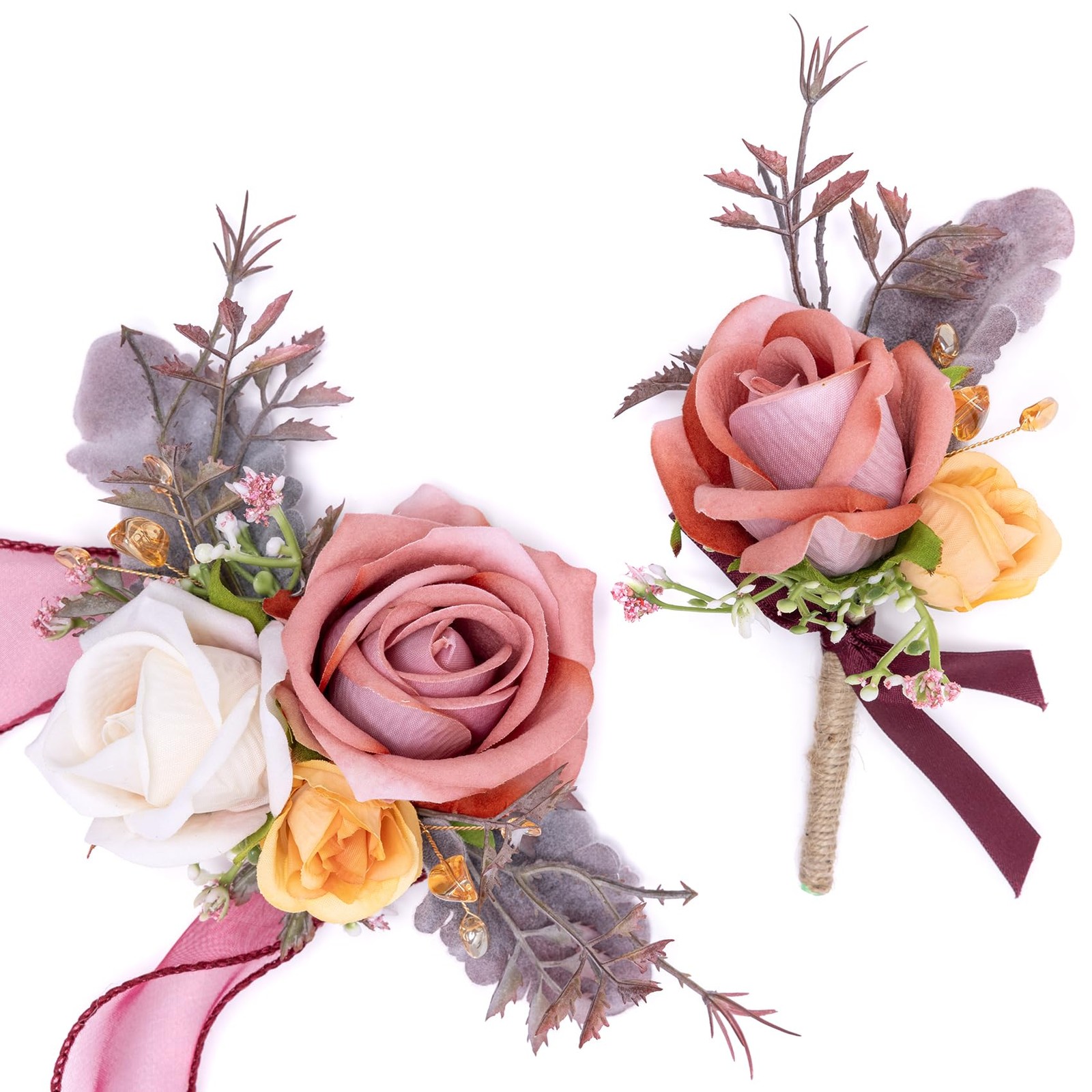 1 Set Orange Pink Corsage Boutonniere Artificial Rose Wrist Flower Wedding