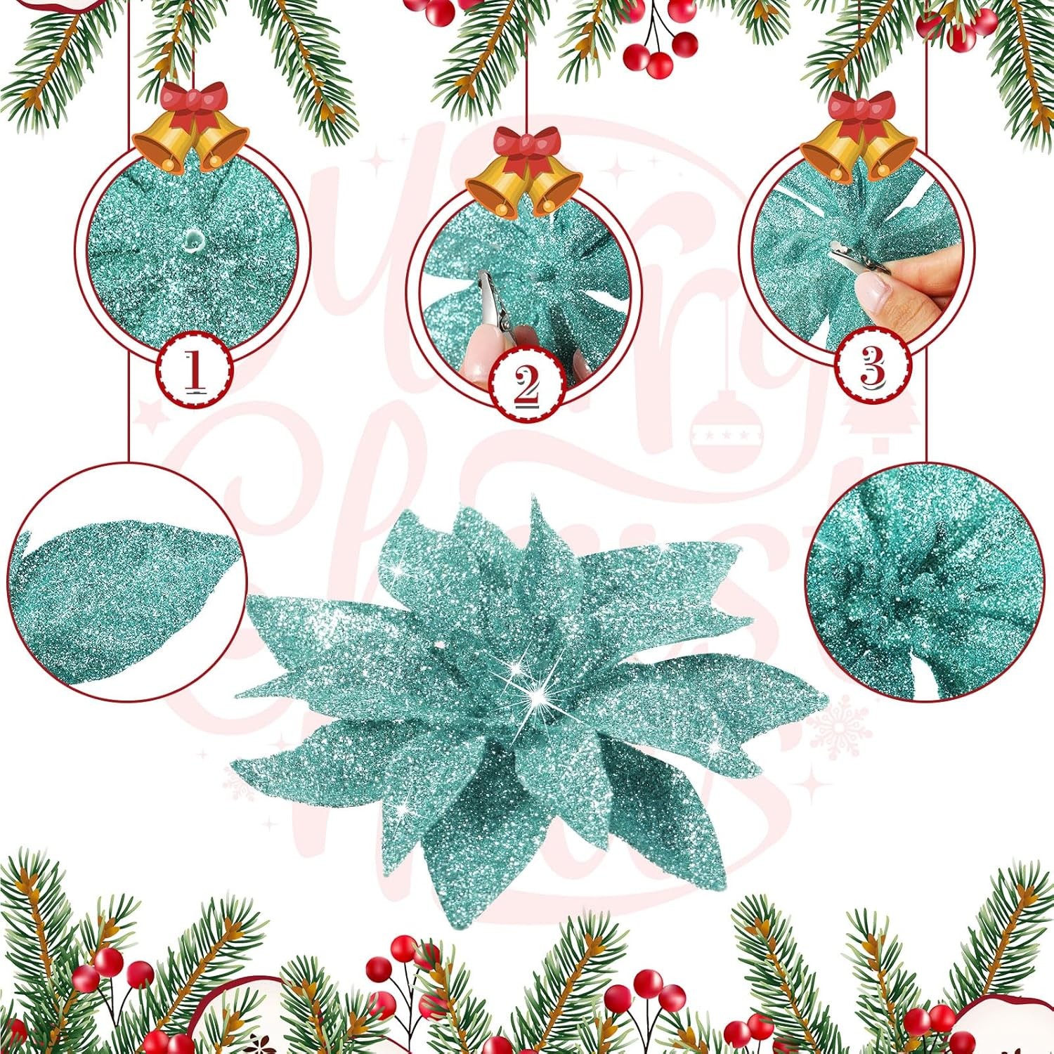 24 PCS Blue Green Glitter Poinsettia Clip-On Ornaments Christmas Tree Decor