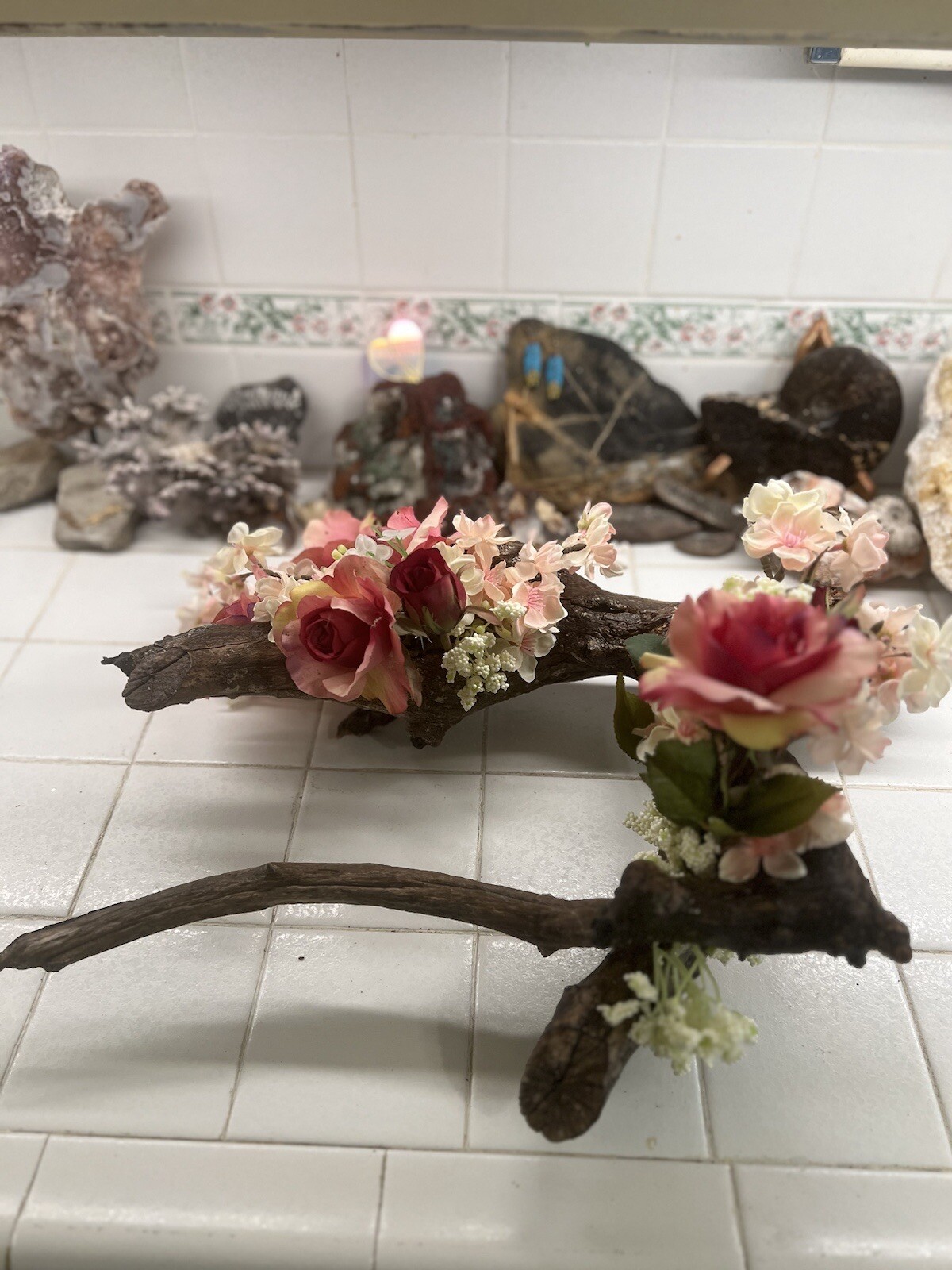 ORIGINAL FLORAL DESIGN WOOD BASE, ROSES, PEACH BLOSSOMS MOSSES BABY BREATH