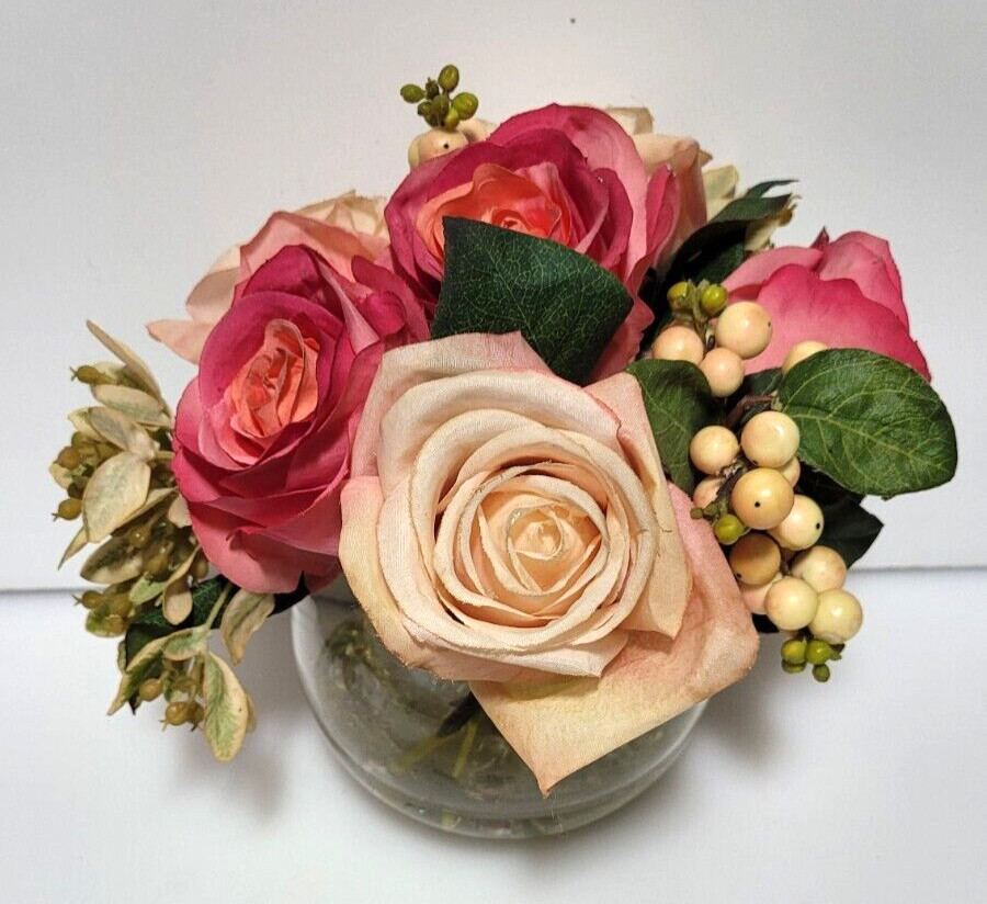 Flower Display Faux Pink Roses in Glass Rose Bowl Ornament Resin Water 8 x 8”