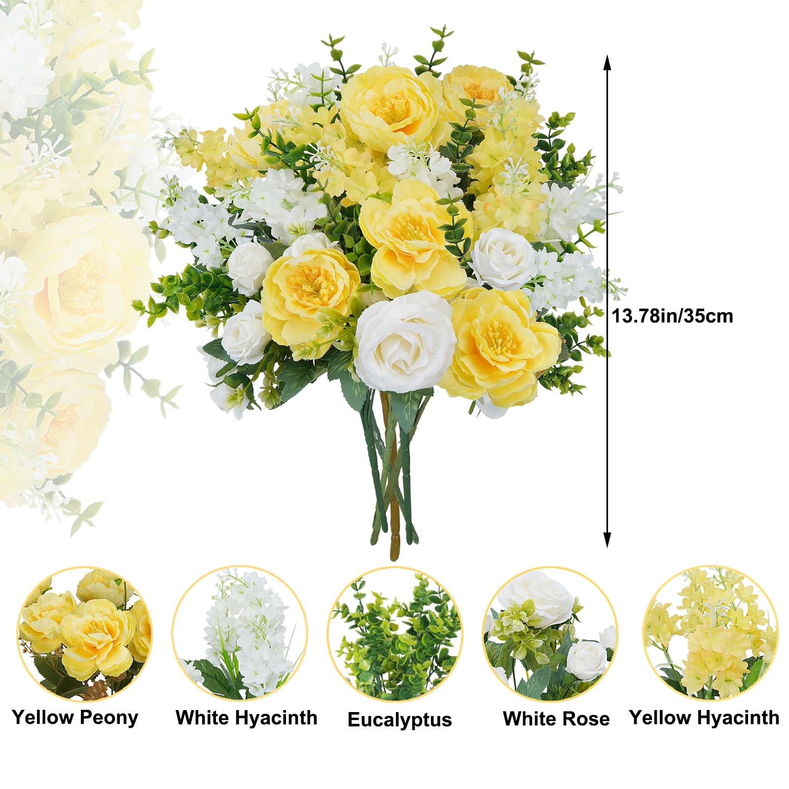 6Pcs Peonies Artificial Flowers Silk Rose Bouquets Yellow White Faux Floral A…