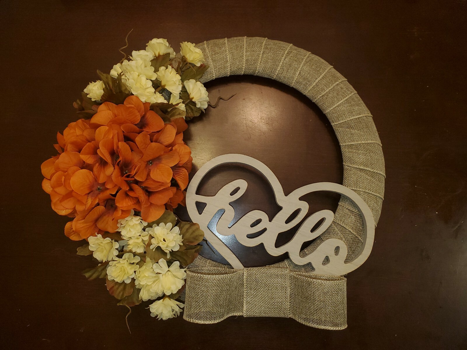 FLOWER Hydrangeas burlap WREATH Heart HELLO FALL autumn Decor Front Door 15″