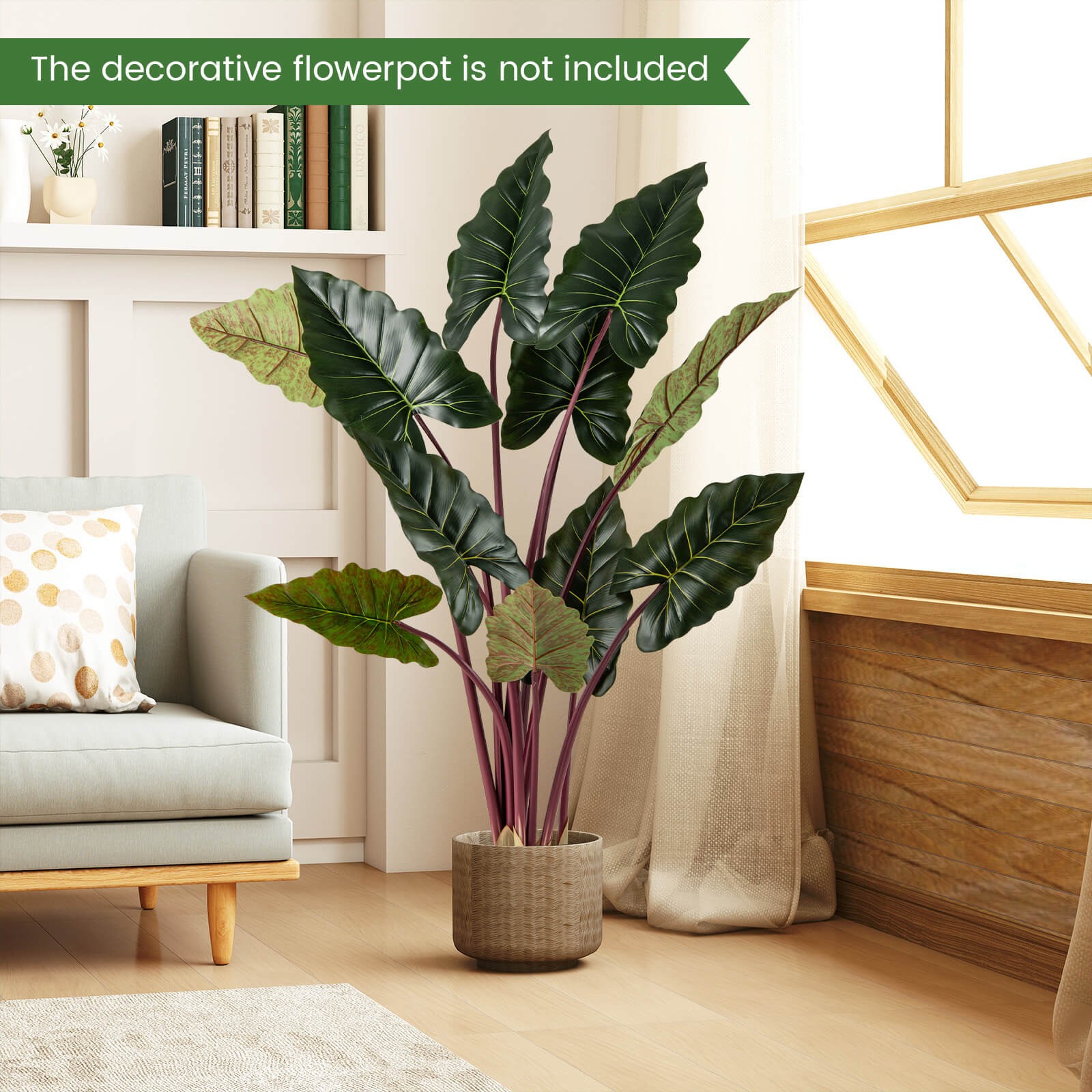 Artificial Rainbow Taro Tree 63″ Tall Fake Pre-potted Plant w/ 11 Faux Leaves