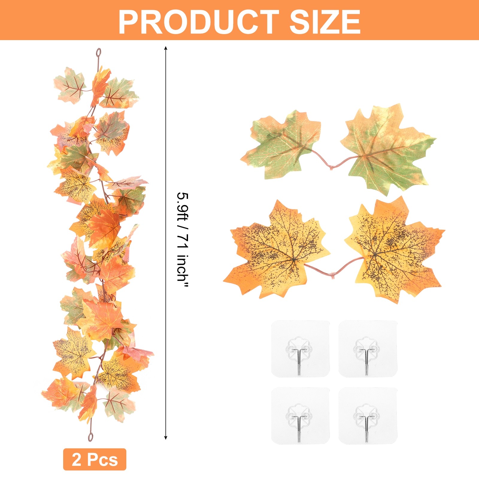 2Pcs Fall Maple Leaf Garland,5.9Ft Artificial Garland Decor Green/Yellow/Orange