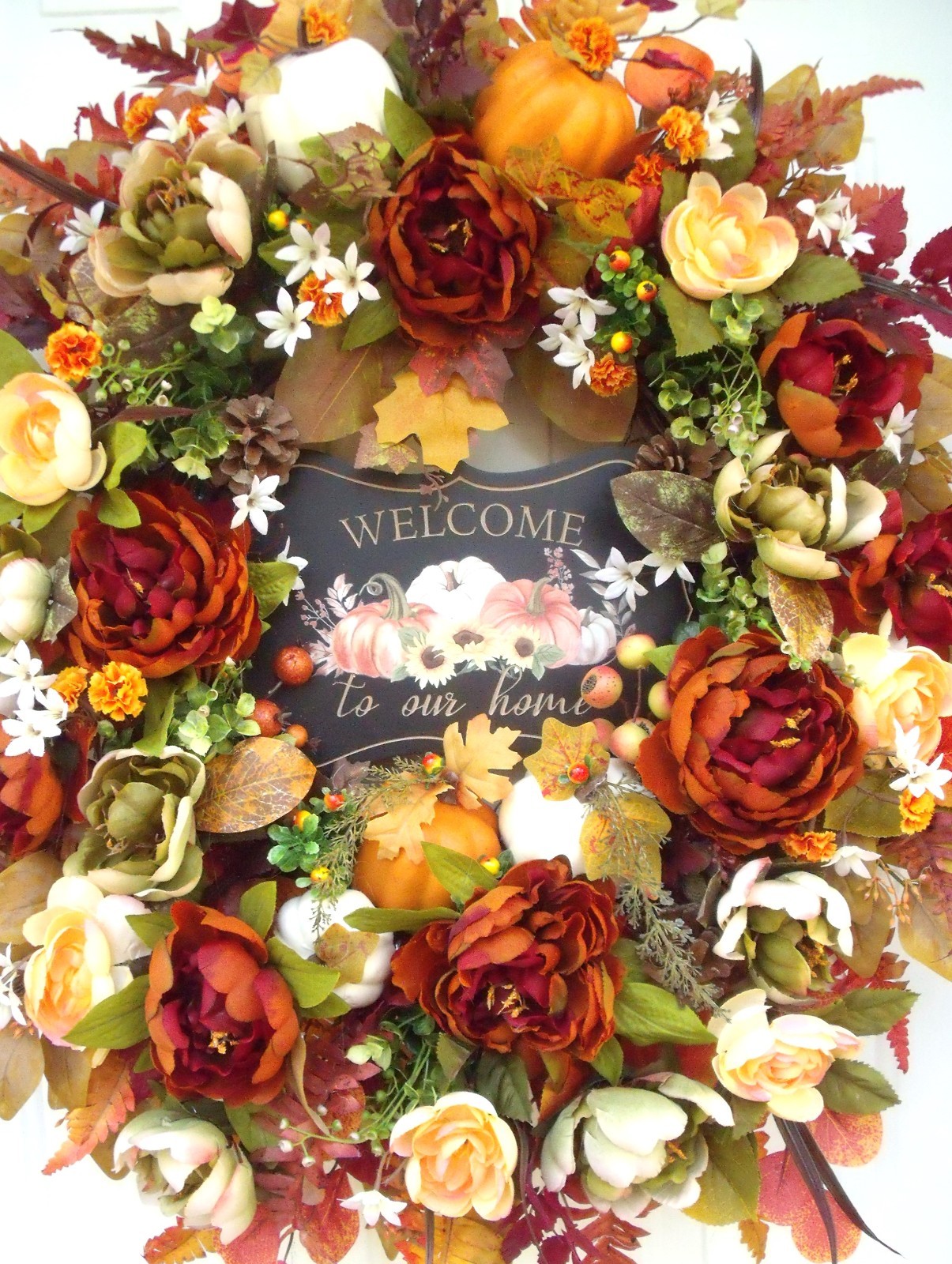 Fall Door Wreath, Thanksgiving Autumn Peony Pumpkin Wreath, Sage Orange Rust