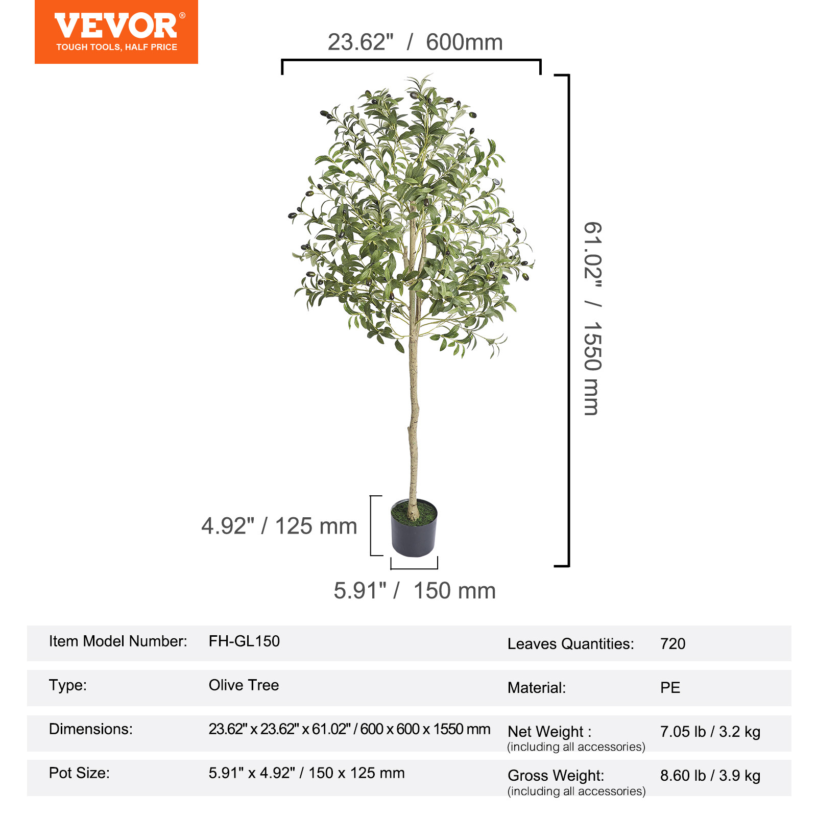 VEVOR 5 FT Artificial Olive Tree Green Natural Tall Faux Lifelike Fake Plant