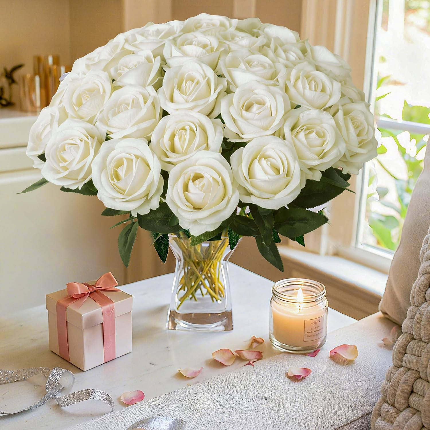 50 PCS Ivory Roses Artificial Flowers, Fake Roses with Stem Realistic Silk Roses