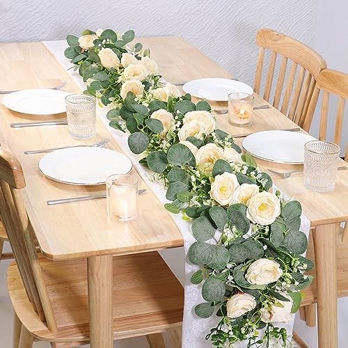 Champagne Rose Flower Garland 24FT Eucalyptus 4 Pack
