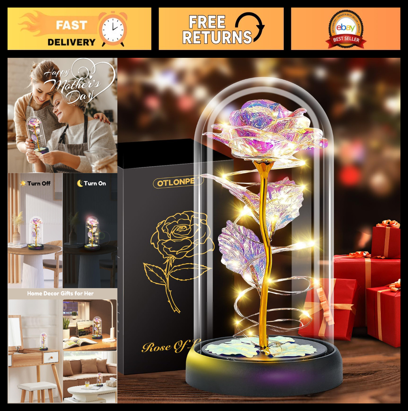 Colorful Light Up Rose – Forever Preserved Flowers Gift for Mom, Grandma, Teache