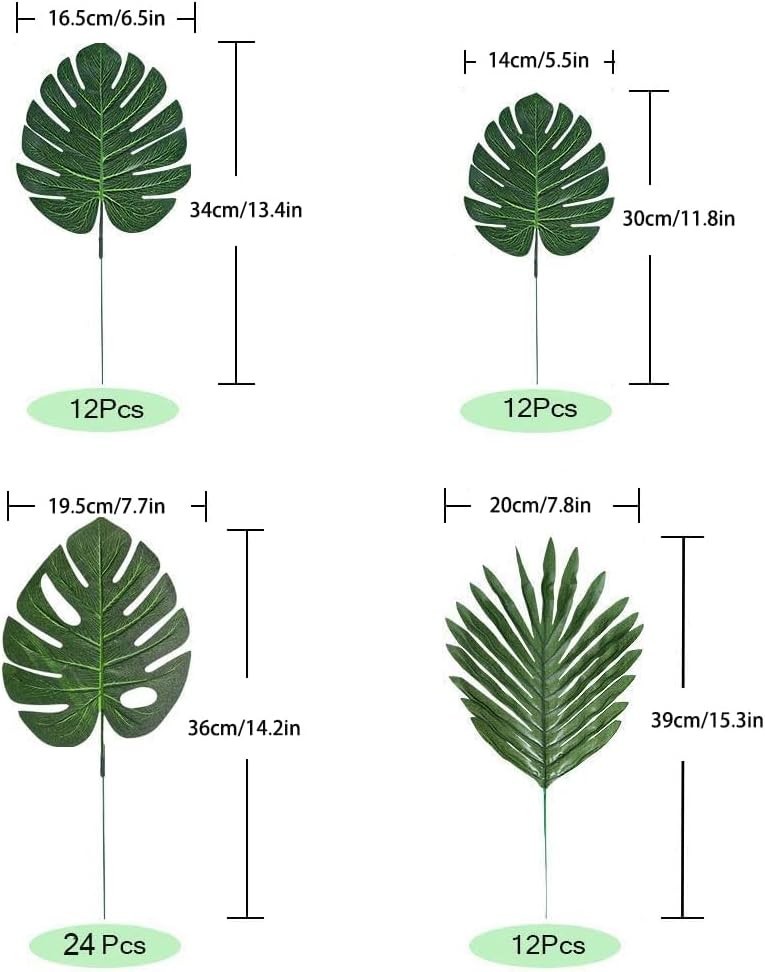 60 Pieces 4 Kinds Artificial Palm Leaves with Faux Stems Tropical Plant Leave…