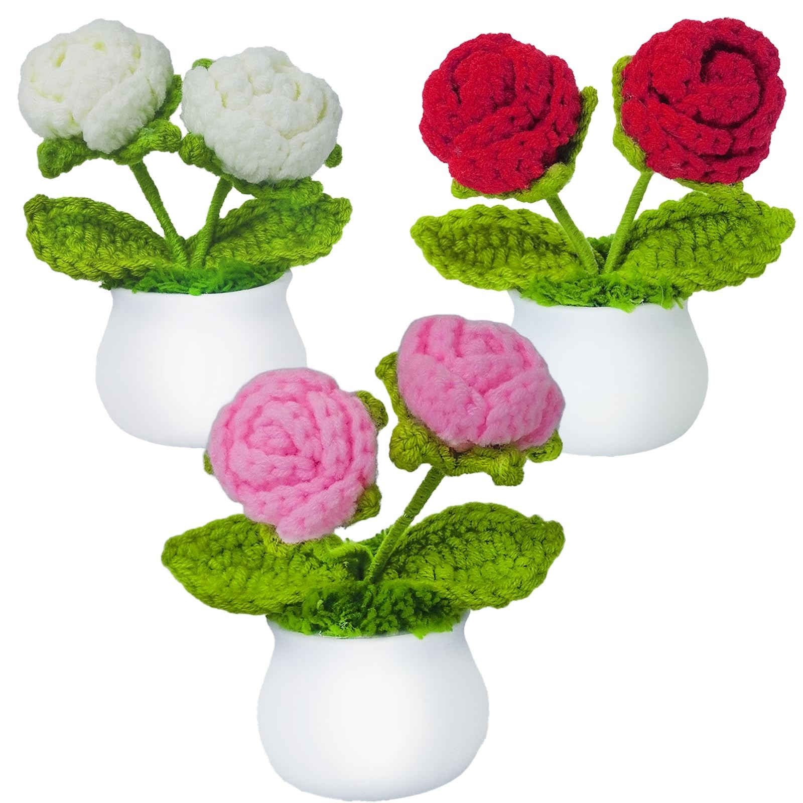 Crochet Flowers Artificial Sunflower 3 PCS Small Potted Plants 2 Heads Roses