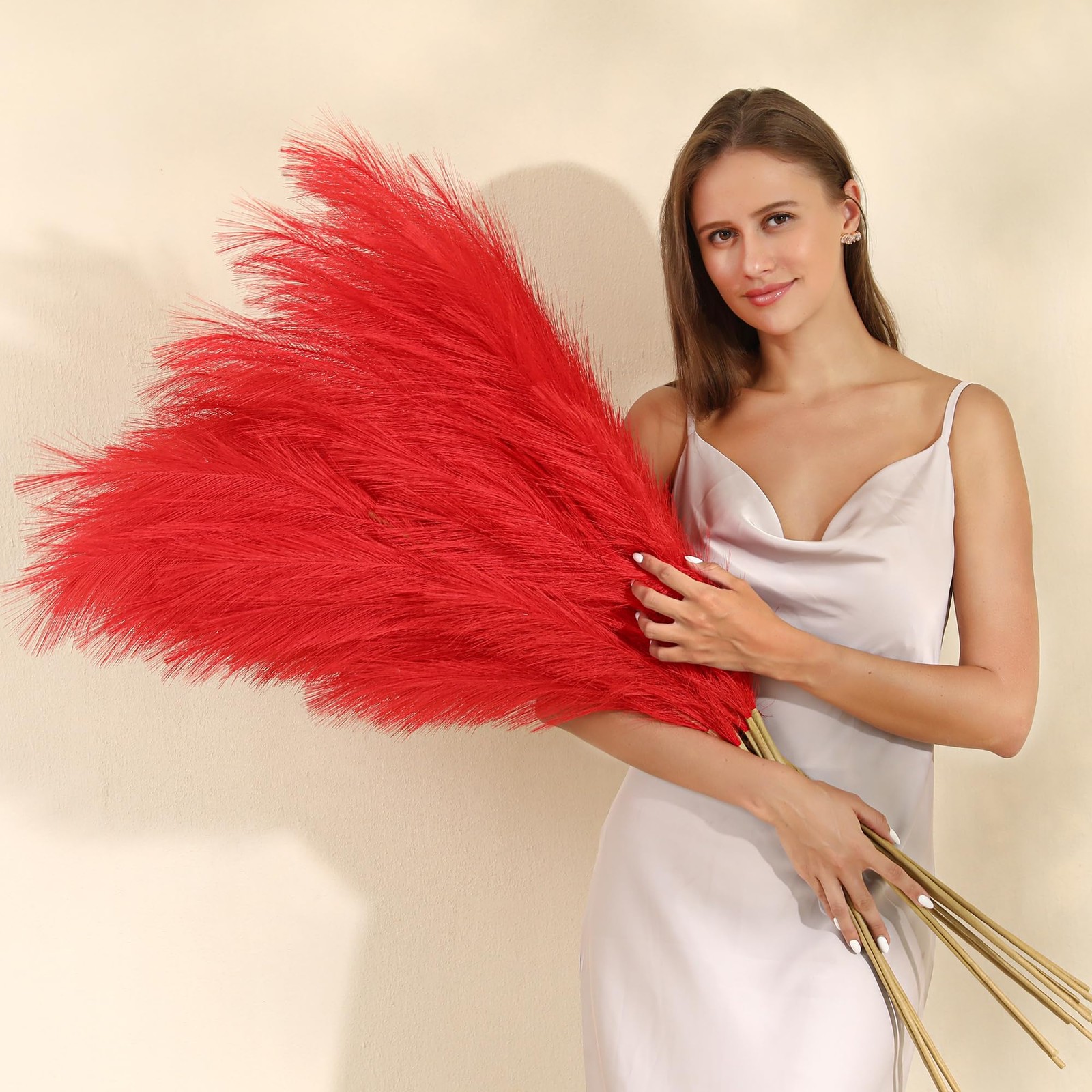 Red Pampas Grass Decor – 45-Inch Set of 8 | Artificial Large Pampas Grass Sof…