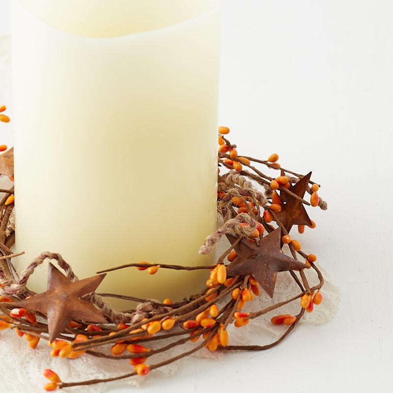 Pack of 4 Orange Pip Berry 7-1/2″ Candle Rings with Rusty Stars