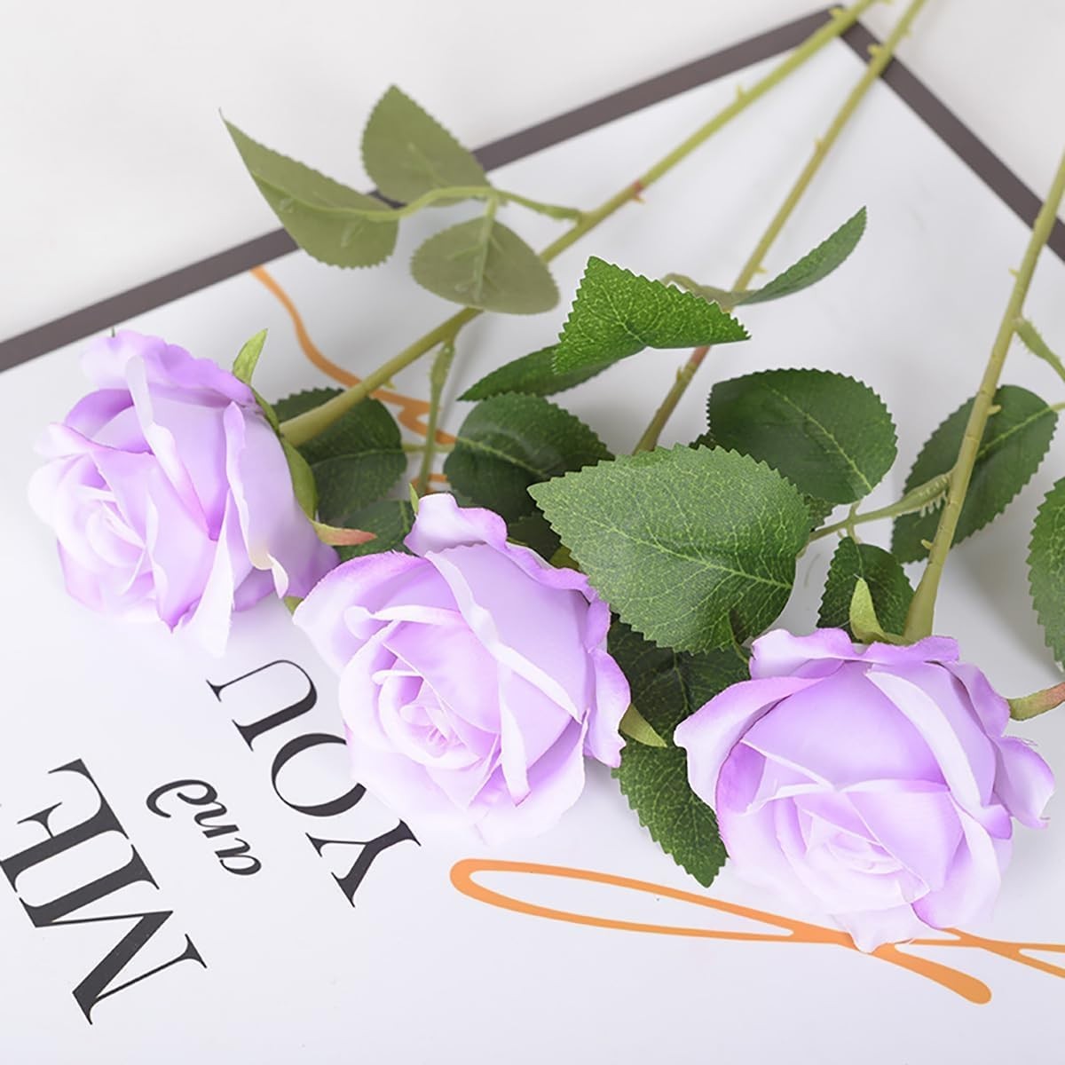 Purple Fake Roses Artificial Flowers 10 Pcs Real Touch Silk Faux Roses with L…