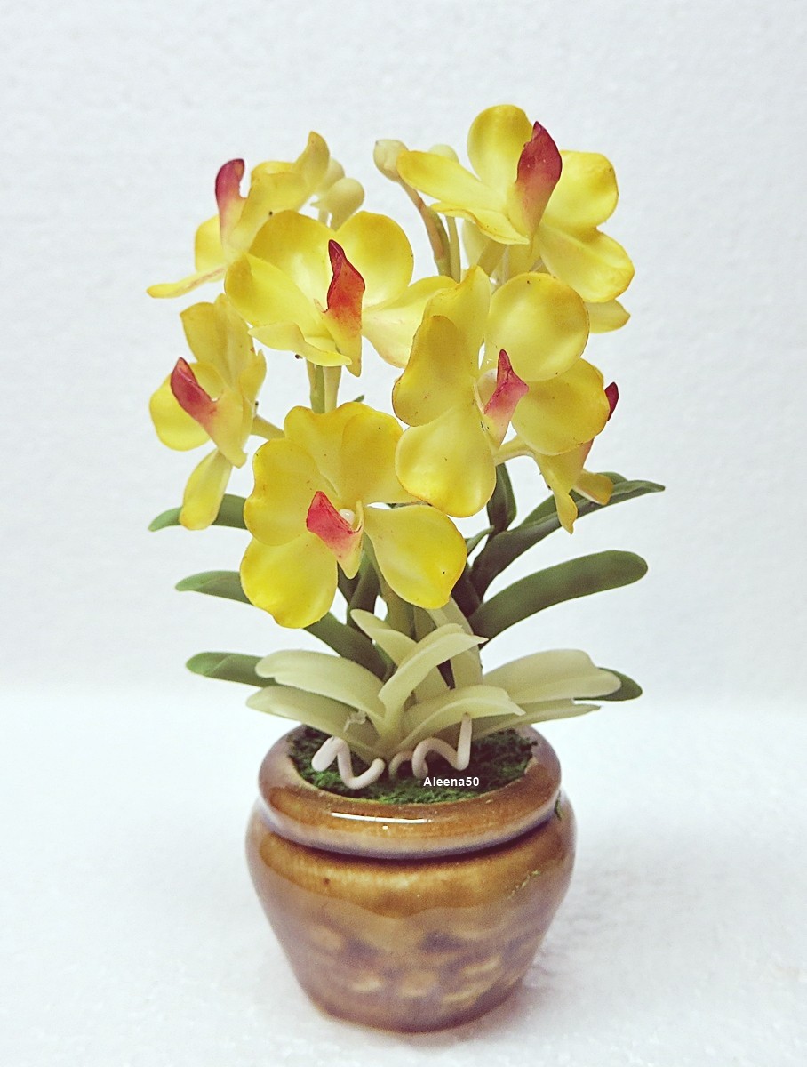 US Stock 4″H Handmade Air-Dry-Clay Artificial Mini Dendrobium Orchid Arranged