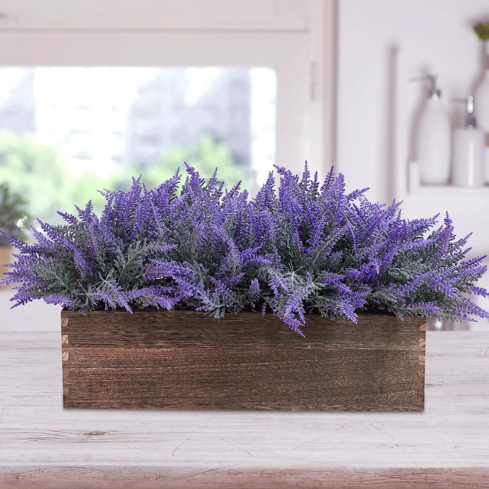14″ Artificial Lavender Flowers Plants in Rectangular Wooden Planter Box Faux…