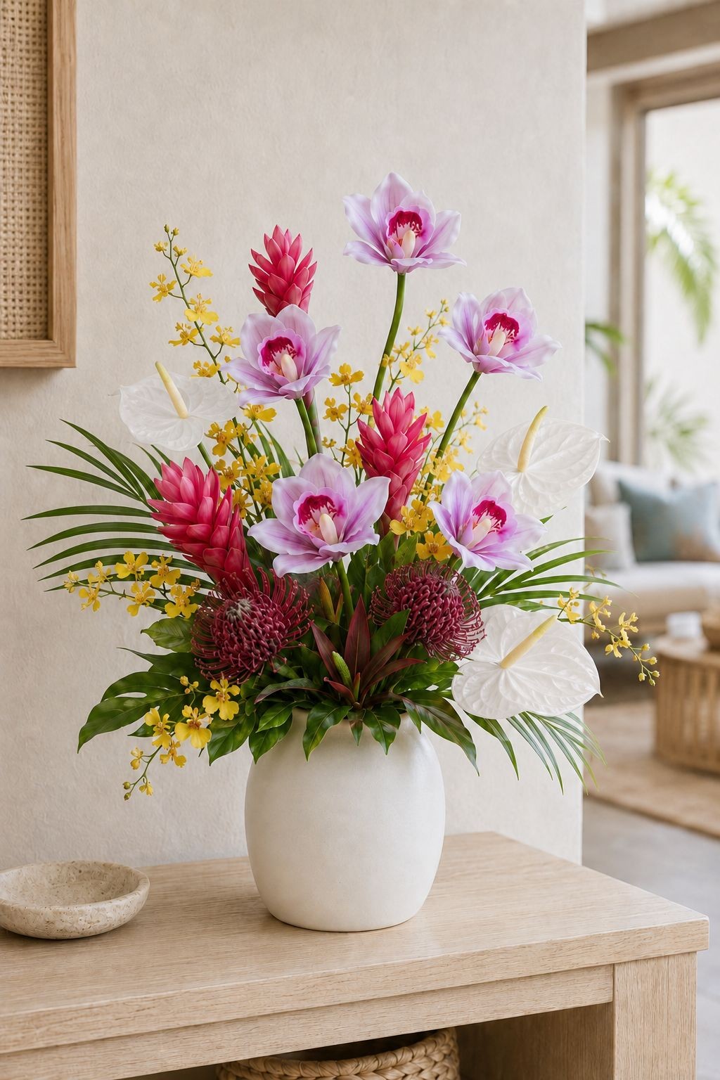 Pink Purple Real Touch Cymbidium Orchids, Set of 5 Artificial Flower Stems, 15 I