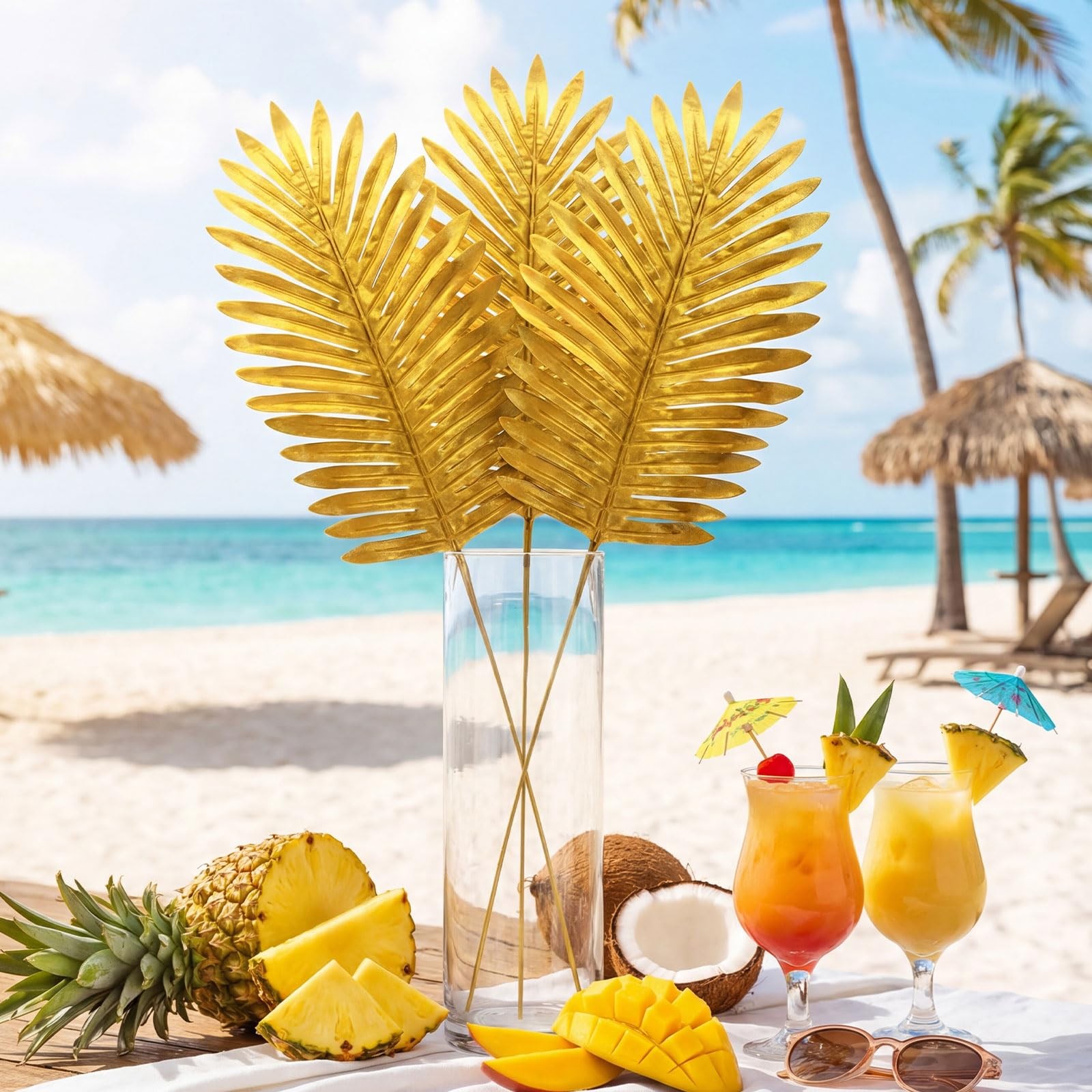 6 Pcs 18 Inch Summer Artificial Gold Palm Leaves Tropical Faux Palm Leaves Fa…