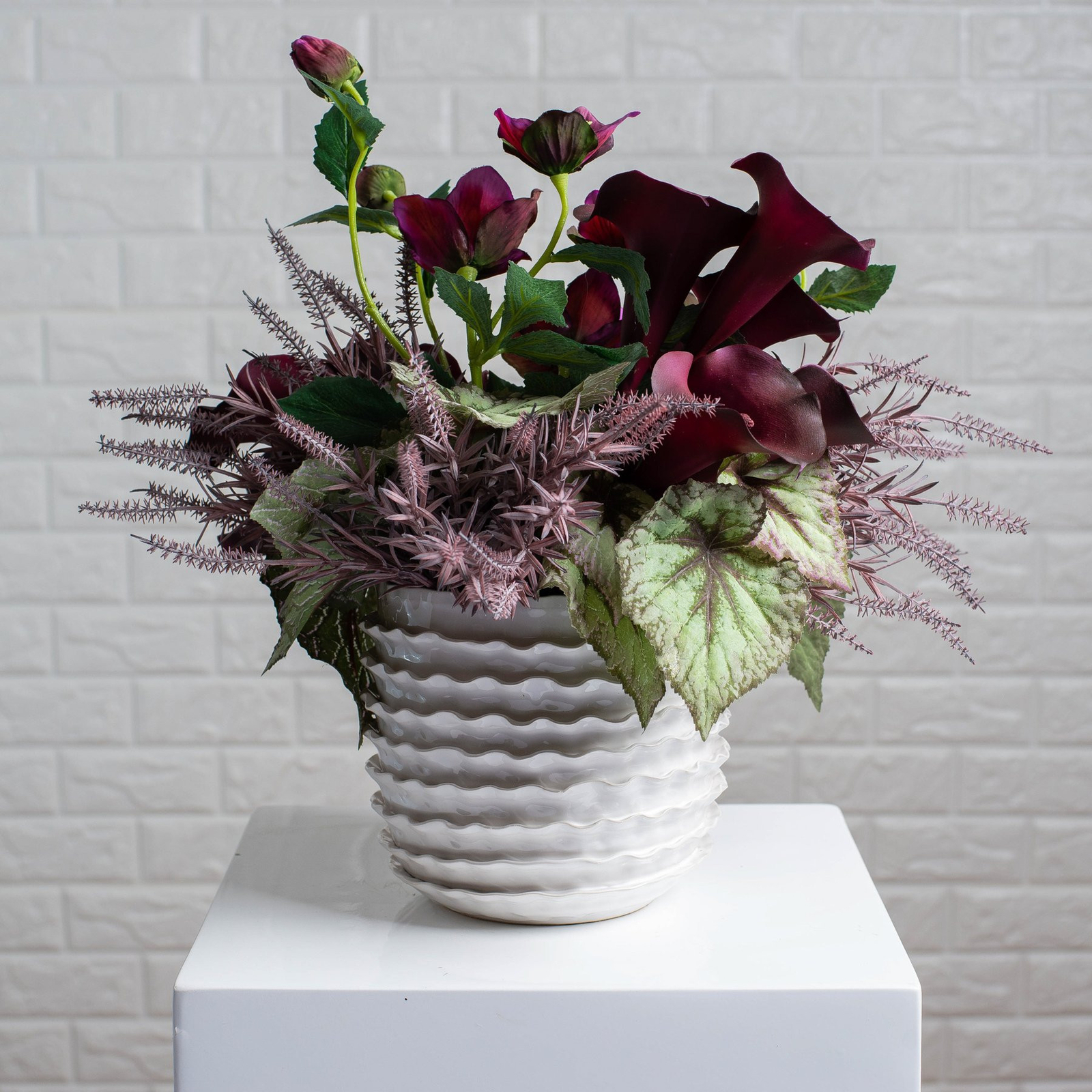 Purple Wild Hellebores, Calla Lily & Begonia Leaf Arrangement – FREE SHIPPING!