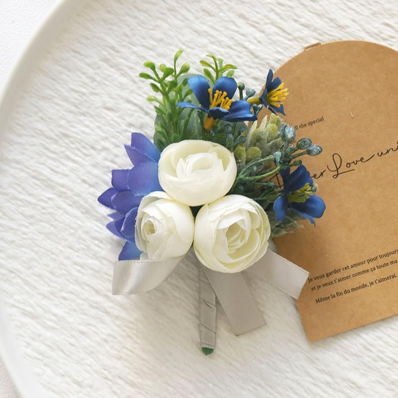 2 Pieces Artificial Wrist Corsage Boutonniere Set Blue White Wedding