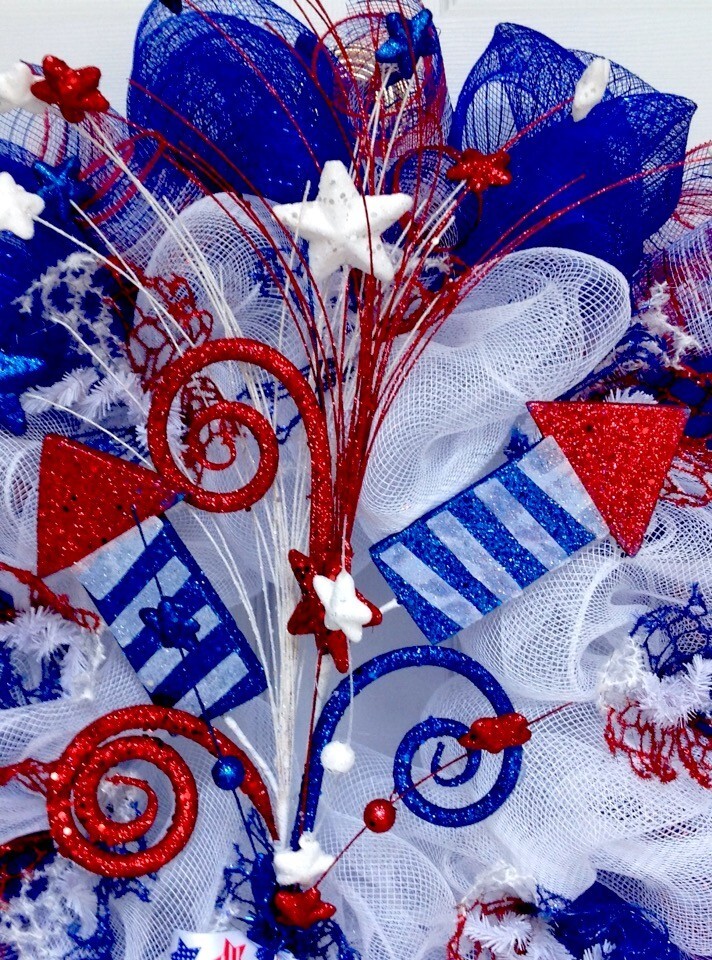 Sky Rockets In Flight Patriotic Handmade Deco Mesh Wreath 24 inch or 28 Inch