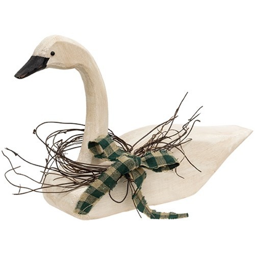 New Primitive Duck Goose SWAN WITH TWIG WREATH Statue Antique White 15″