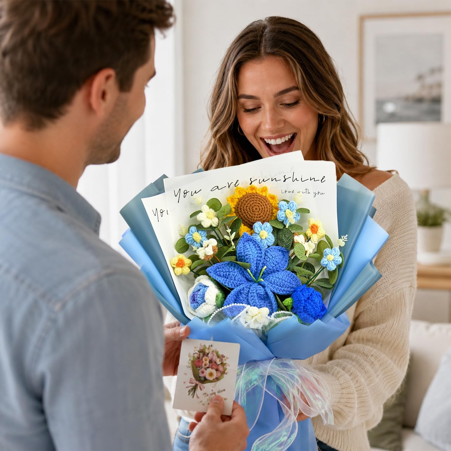 Crochet Flowers, Blue Crochet Flower Bouquet with 14 Knitted Flowers Sunflowe…