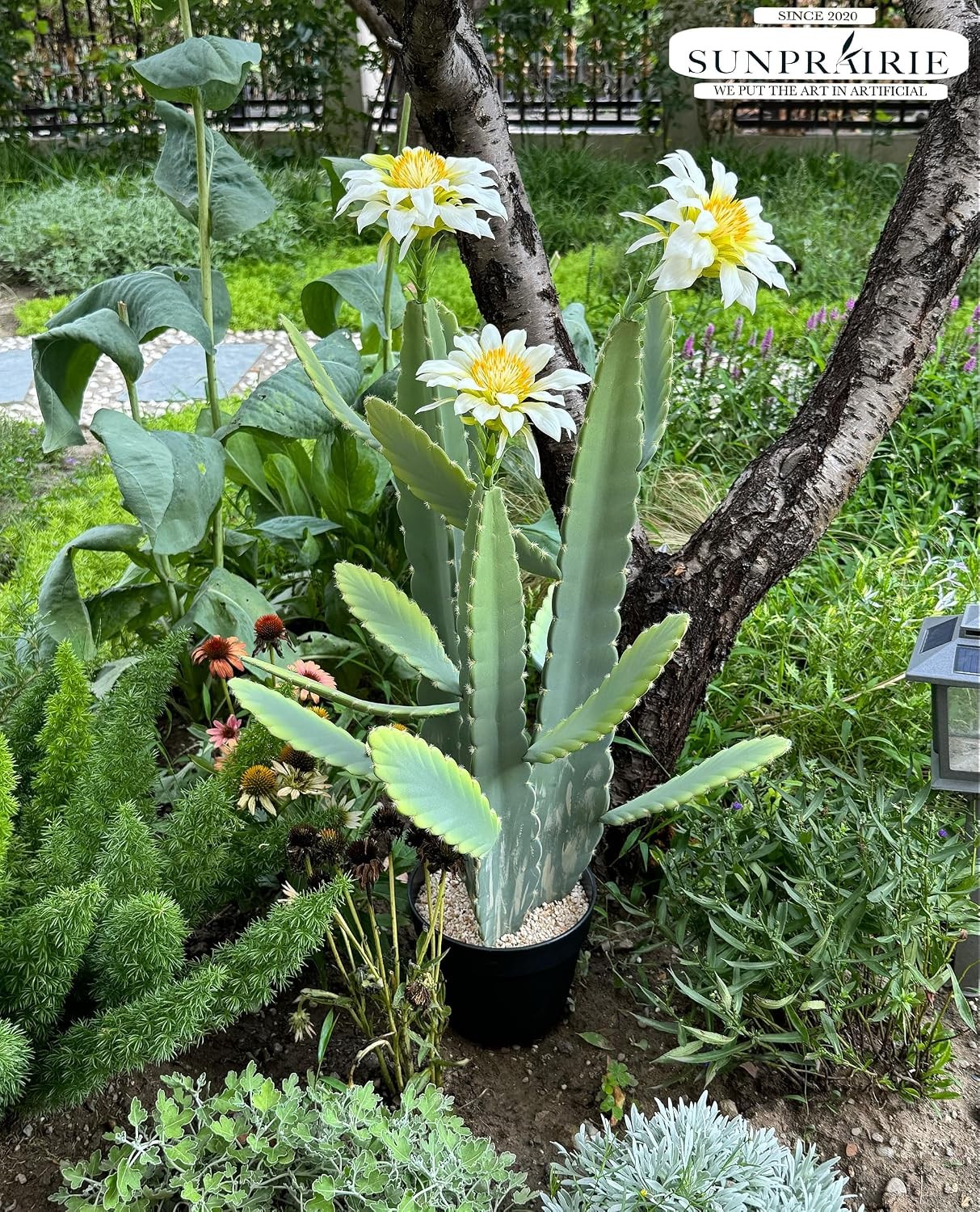 33 Inch Large Artificial Cactus with Lilly White Flowers in Pot with Natural