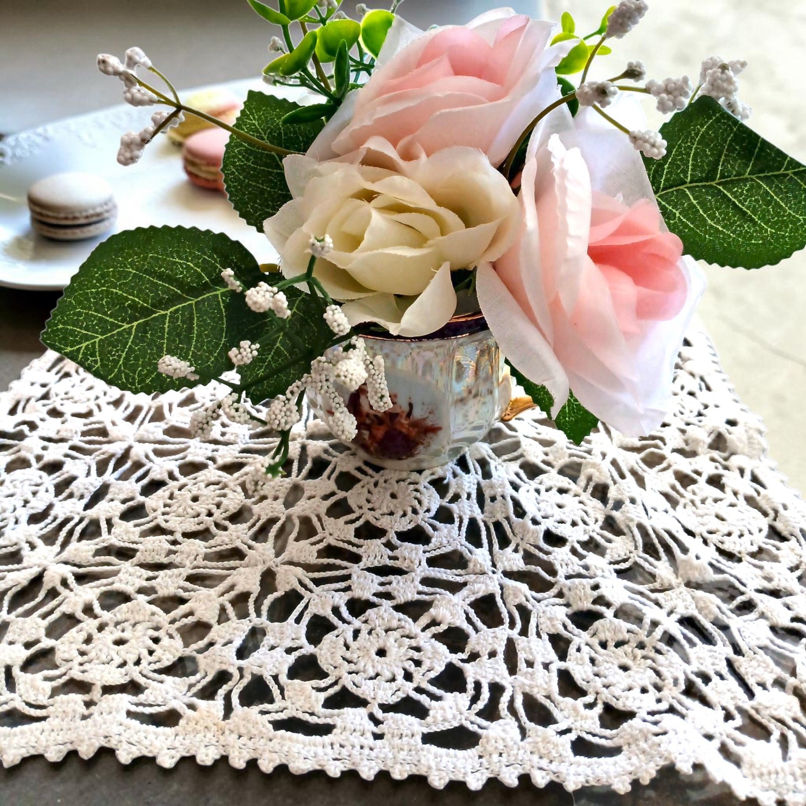 Silk Floral Arrangement Dainty Pink Roses Leaf Tea Party Cup POP-IN Love Romance
